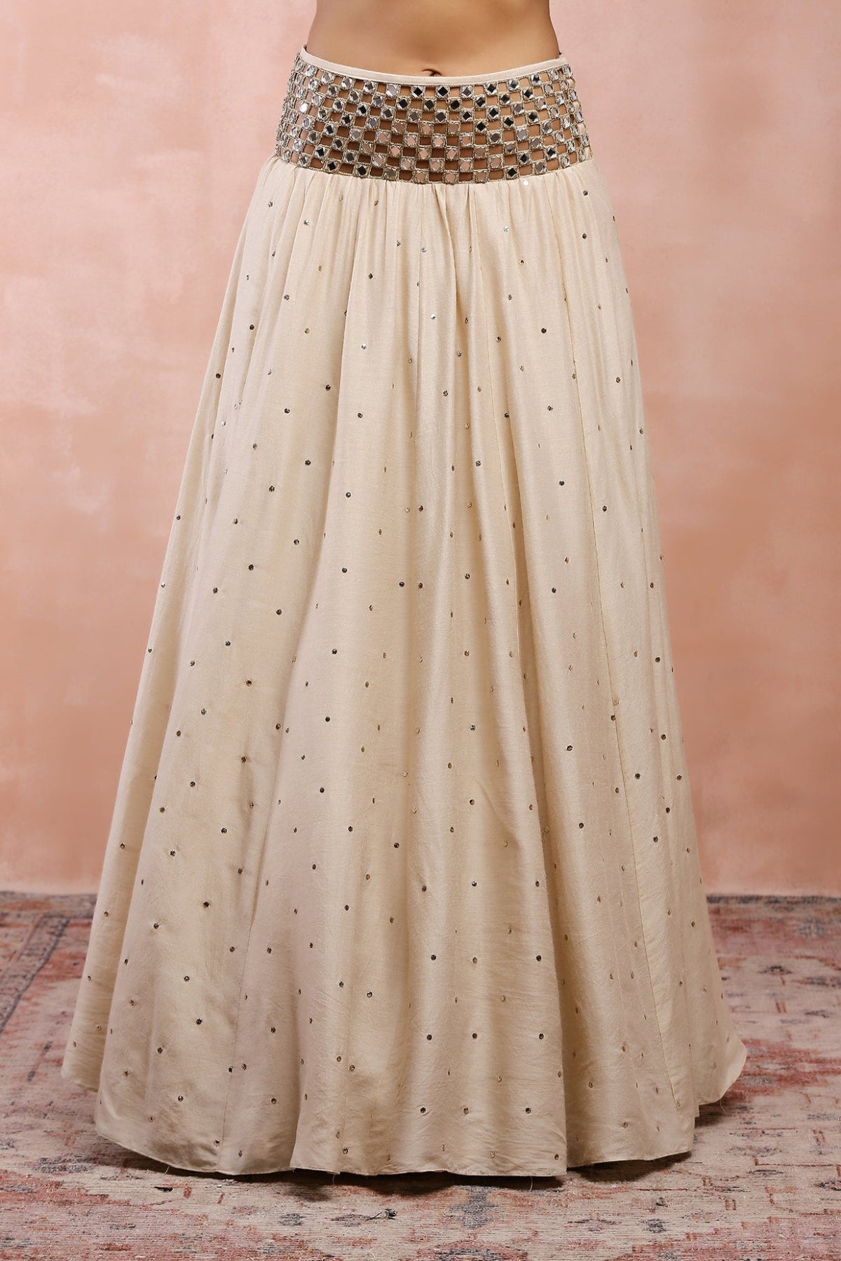 CREAM TOP WITH EMBROIDERED BELT LEHENGA AND DUPATTA
