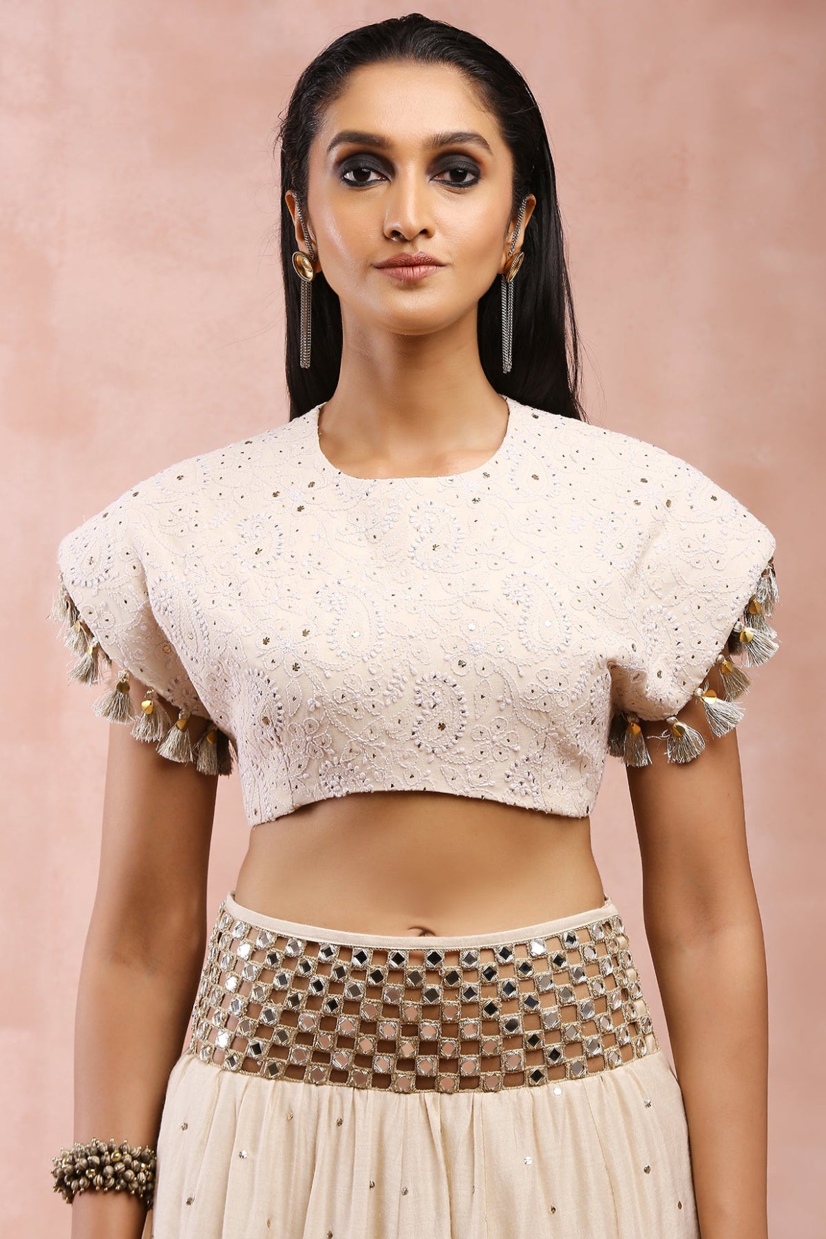 CREAM TOP WITH EMBROIDERED BELT LEHENGA AND DUPATTA