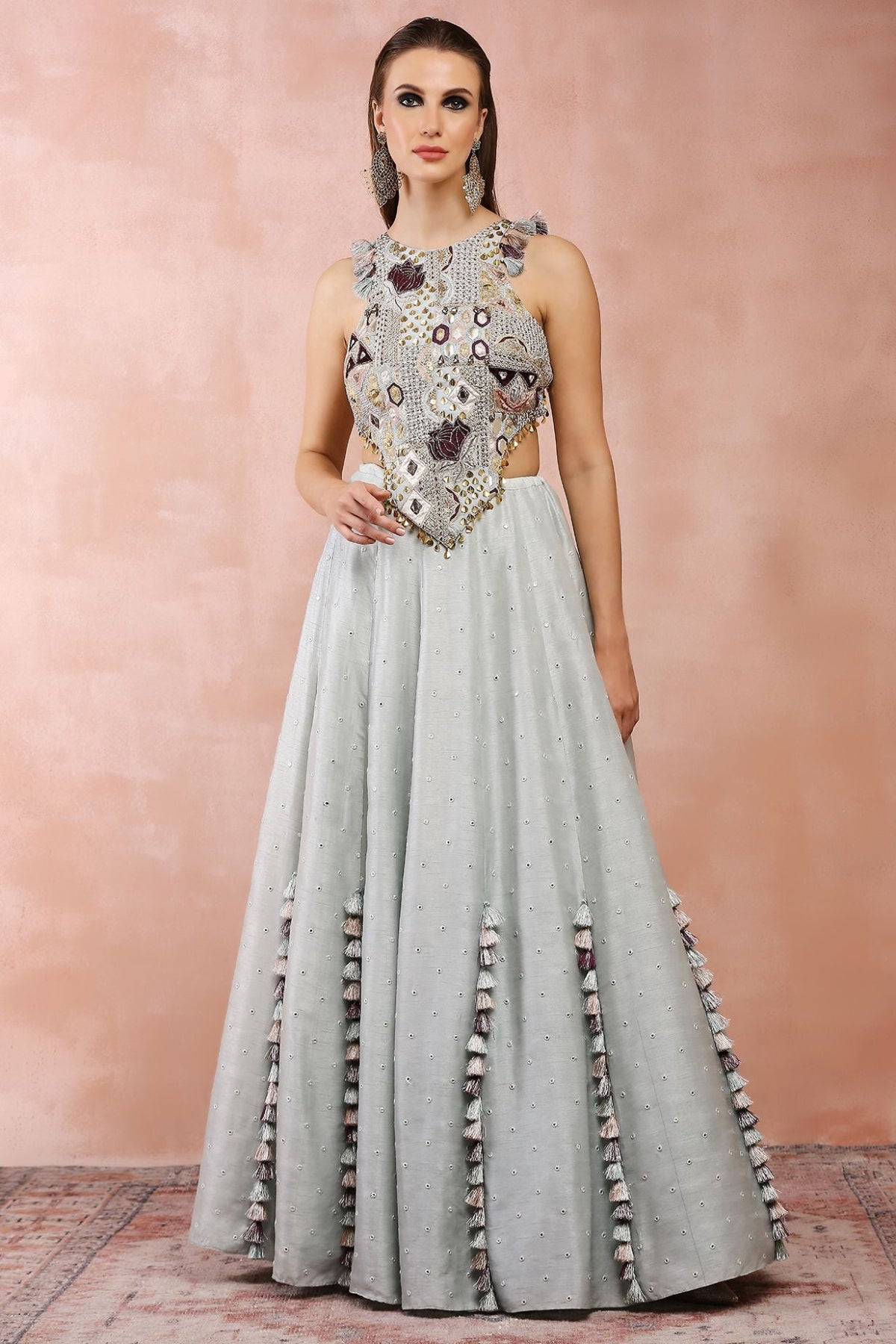 POWDER BLUE APPLIQUE EMBROIDERED CHOLI WITH LEHENGA
