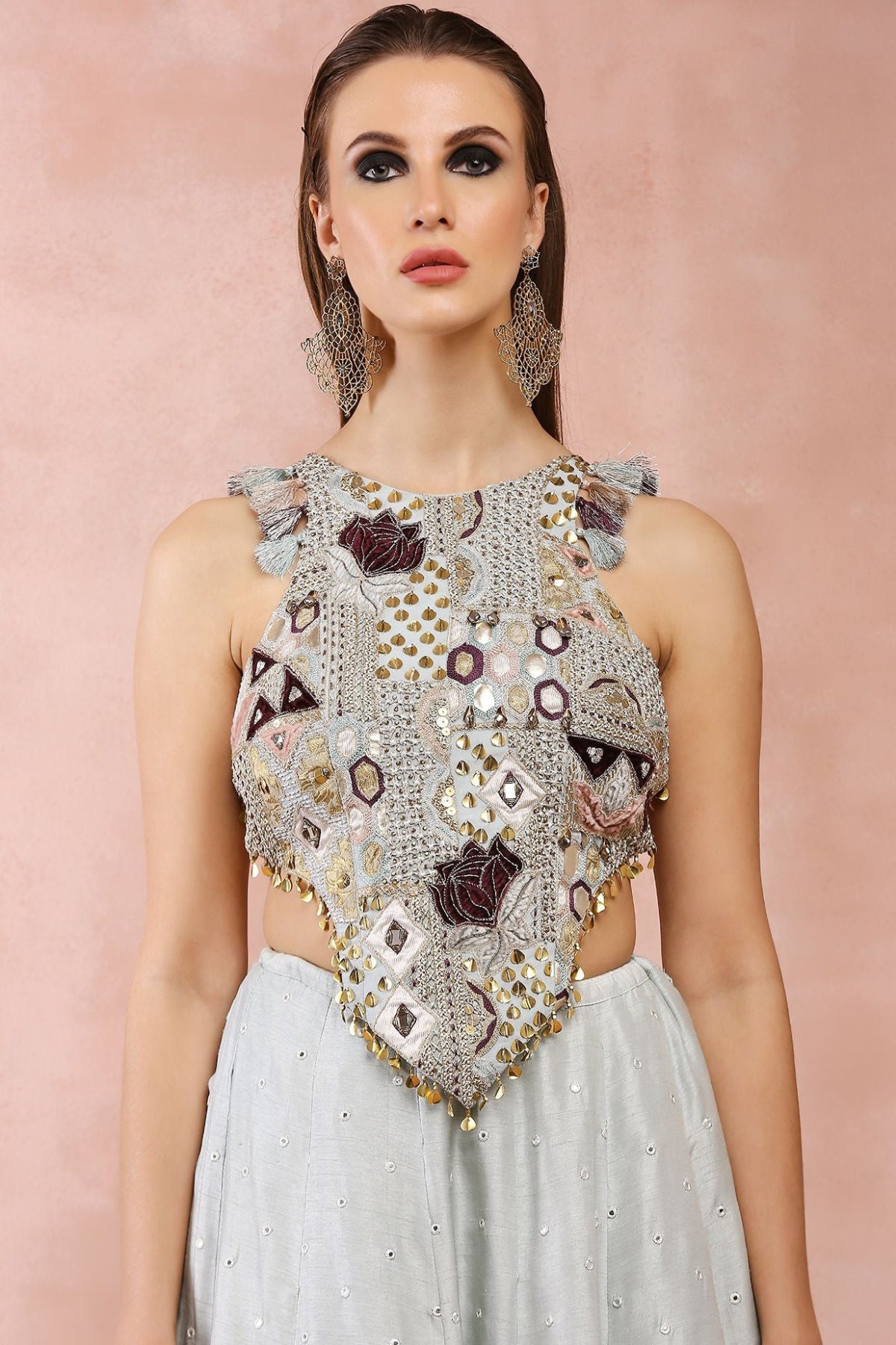 POWDER BLUE APPLIQUE EMBROIDERED CHOLI WITH LEHENGA