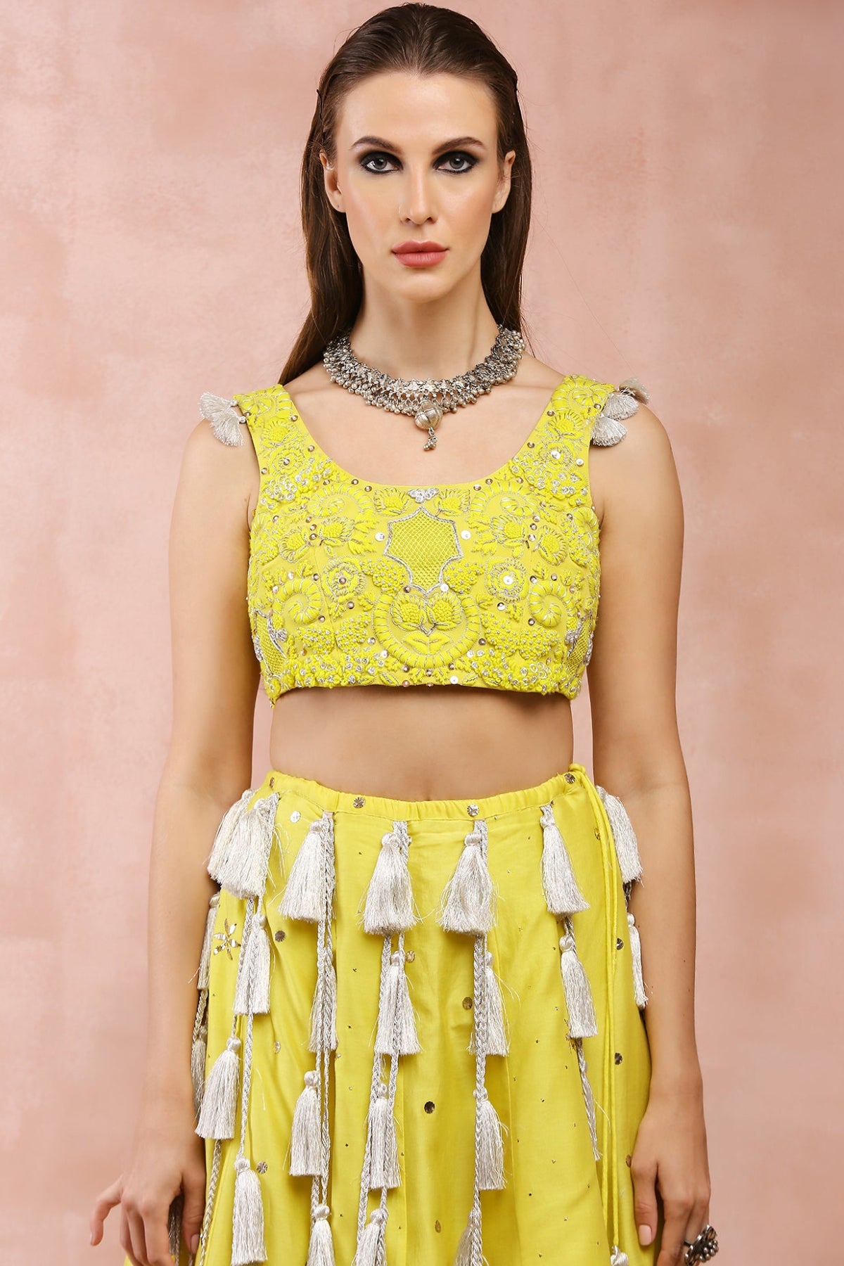 YELLOW EMBROIDERED CHOLI AND LEHENGA WITH DUPATTA