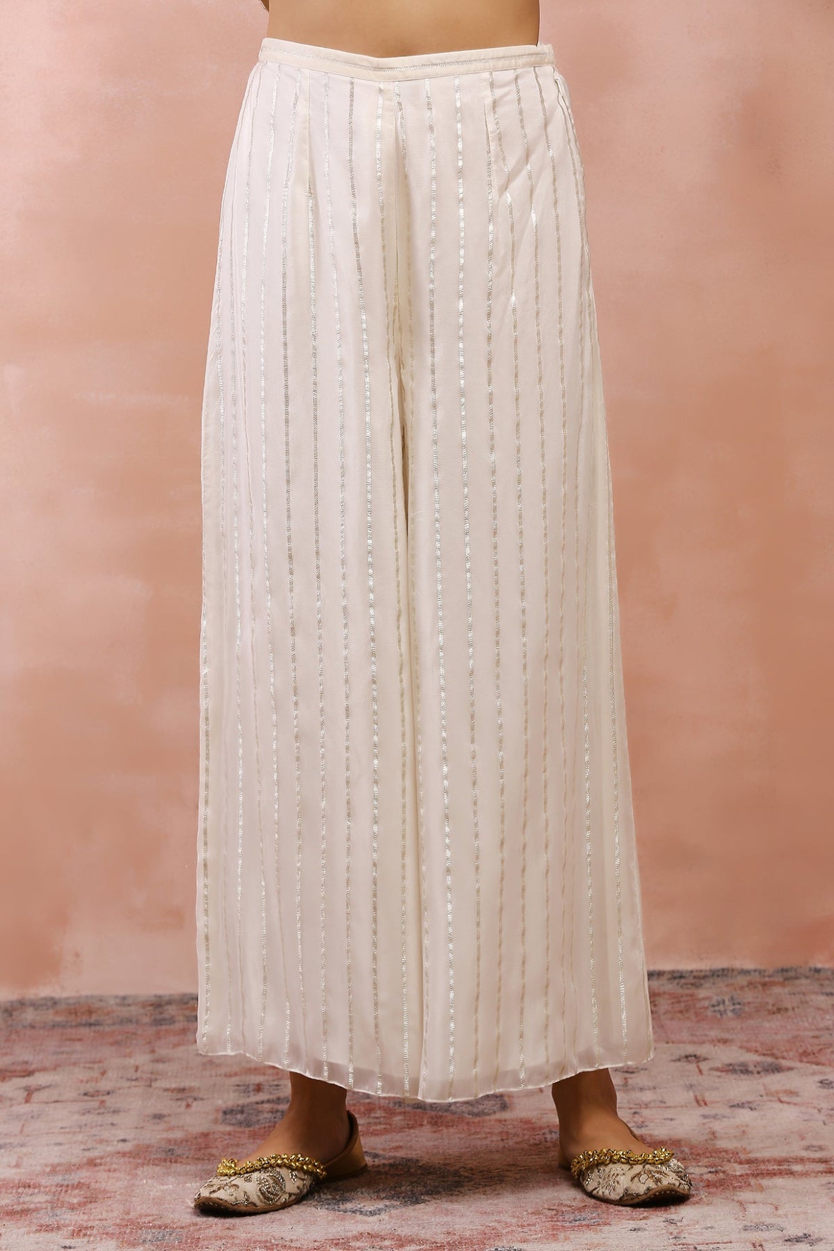 OFF WHITE EMBROIDERED KURTA WITH PALAZZO AND DUPATTA