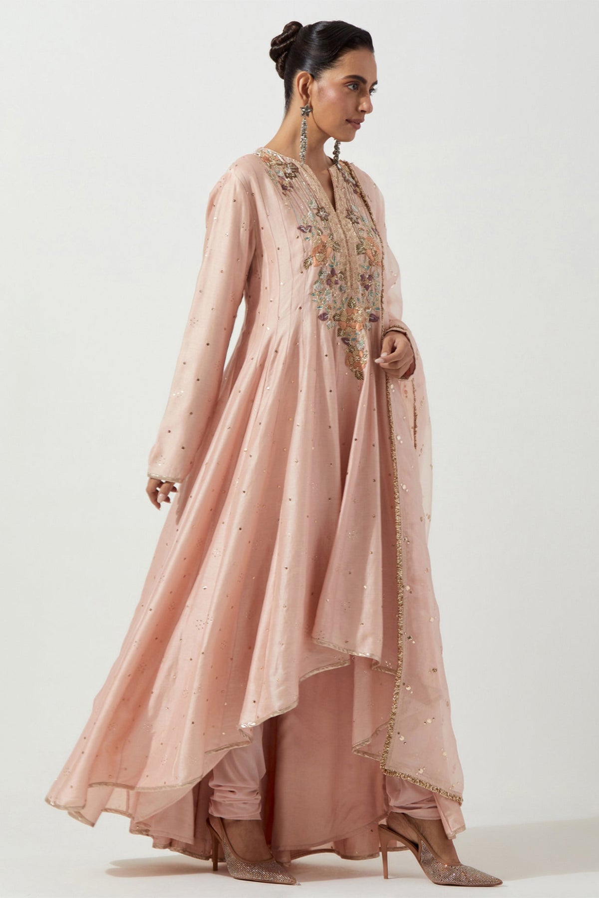 PEACHY PINK HIGH LOW ANARKALI WITH CHURIDAR & ORGANZA DUPATTA