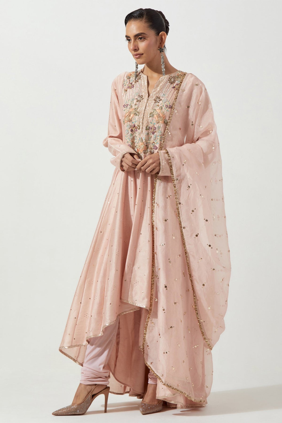 PEACHY PINK HIGH LOW ANARKALI WITH CHURIDAR & ORGANZA DUPATTA