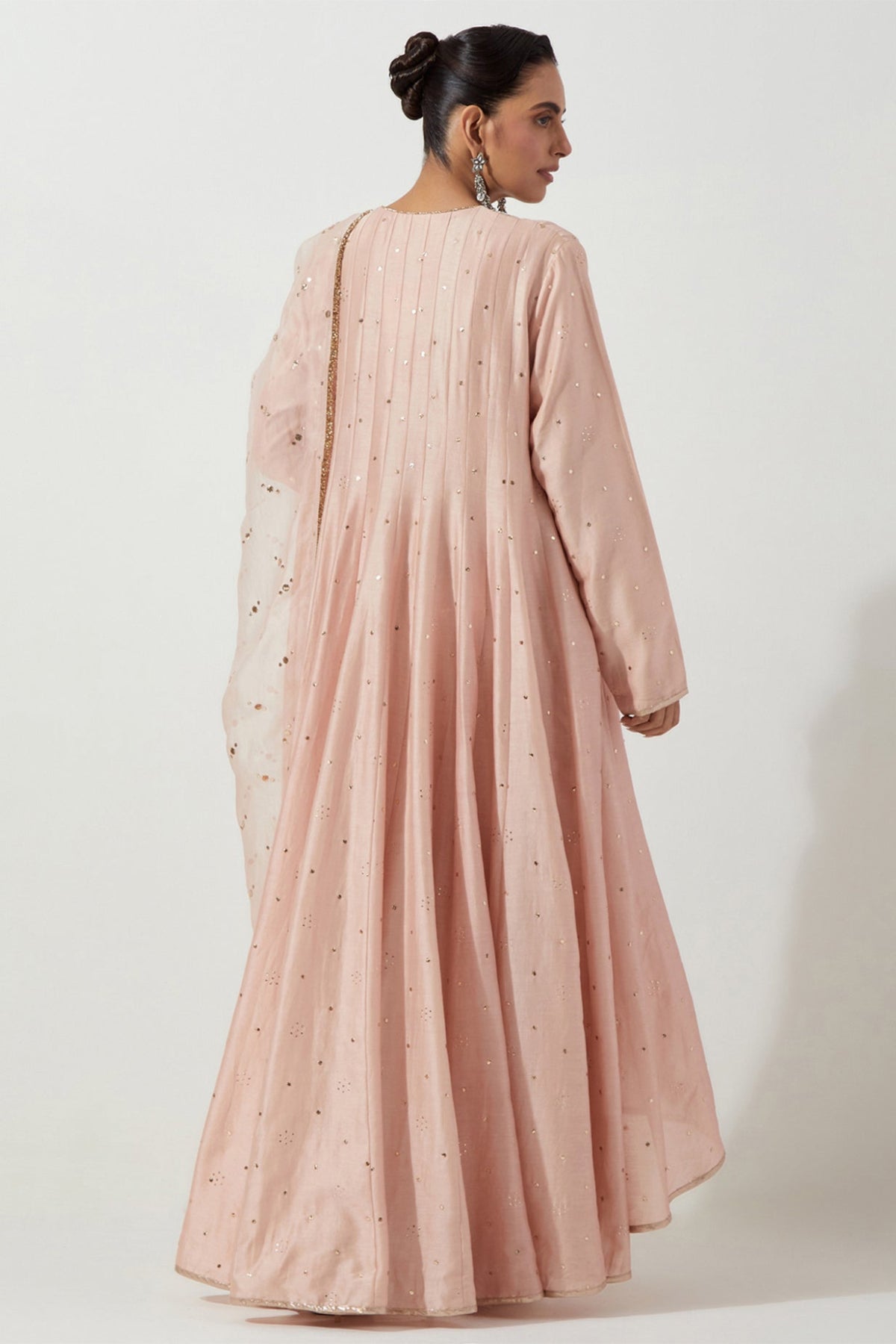 PEACHY PINK HIGH LOW ANARKALI WITH CHURIDAR & ORGANZA DUPATTA