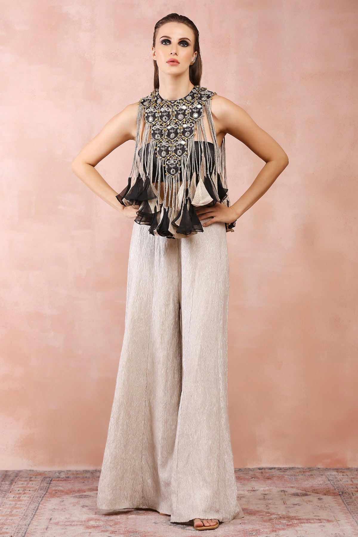 BLACK EMBROIDERED BIB YOKE WITH BUSTIER AND DULL GOLD SHARARA