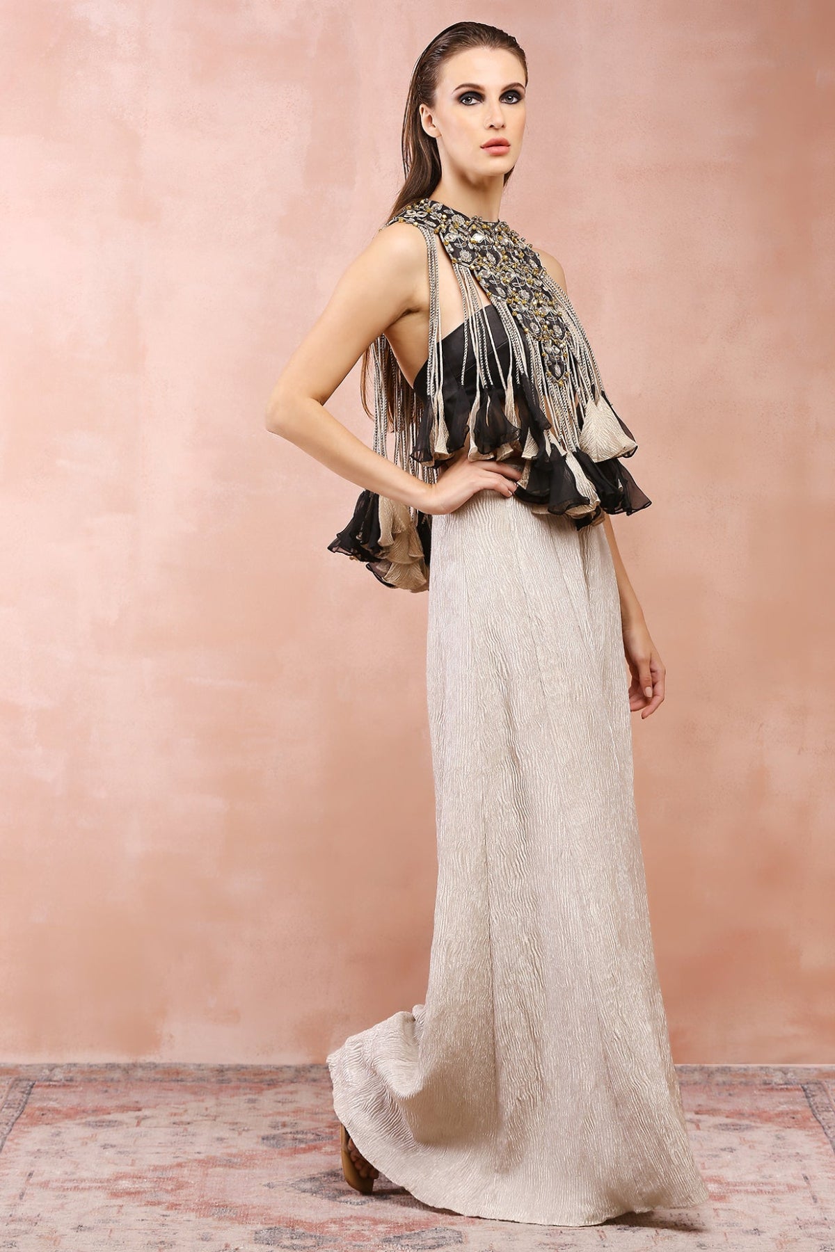 BLACK EMBROIDERED BIB YOKE WITH BUSTIER AND DULL GOLD SHARARA