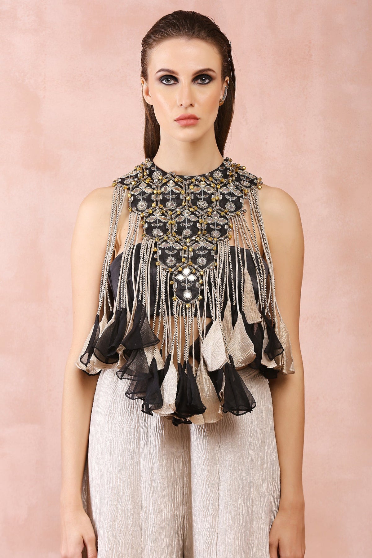 BLACK EMBROIDERED BIB YOKE WITH BUSTIER AND DULL GOLD SHARARA