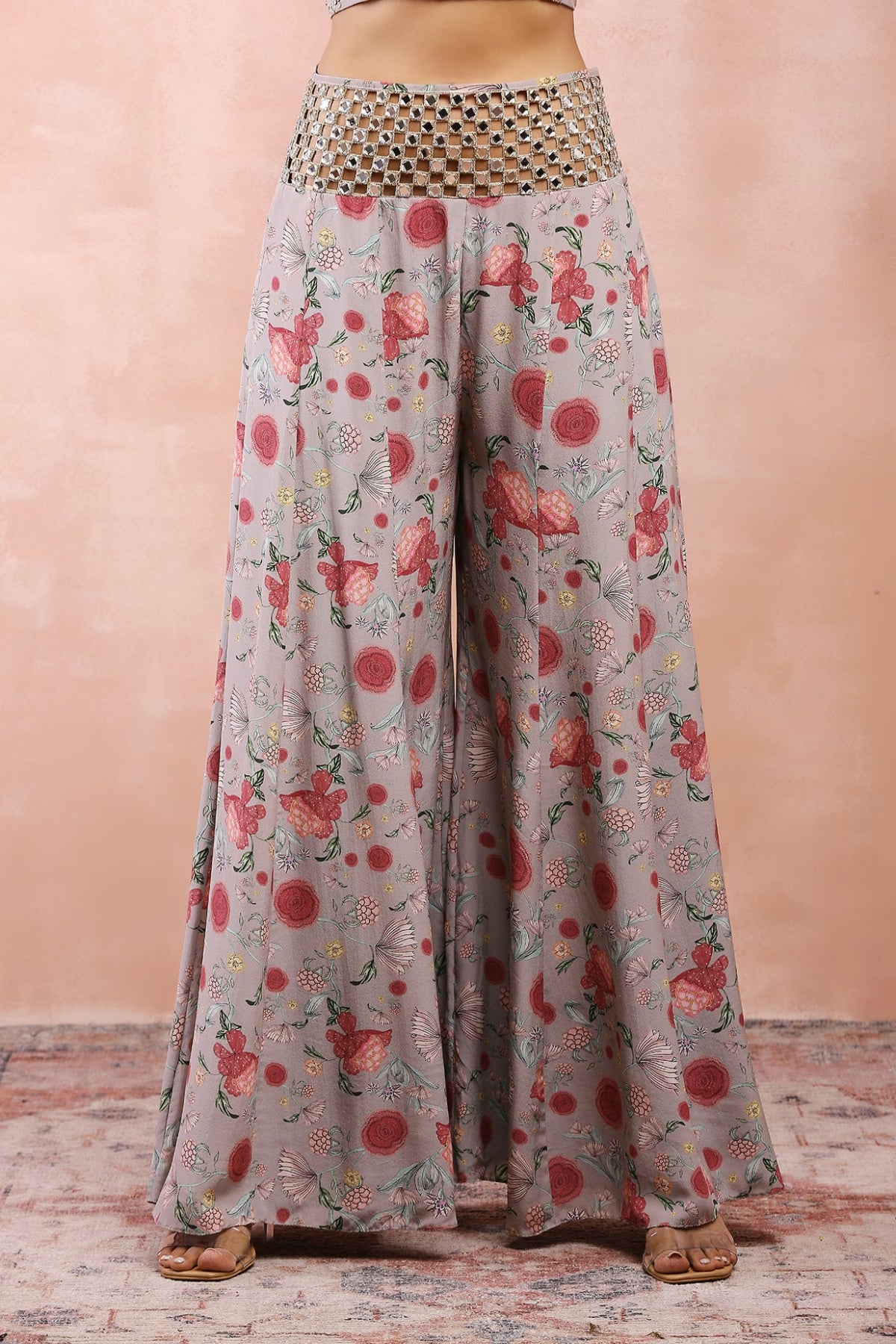 GREY GULBAGH PRINT EMBROIDERED CHOLI WITH SHARARA AND DUPATTA