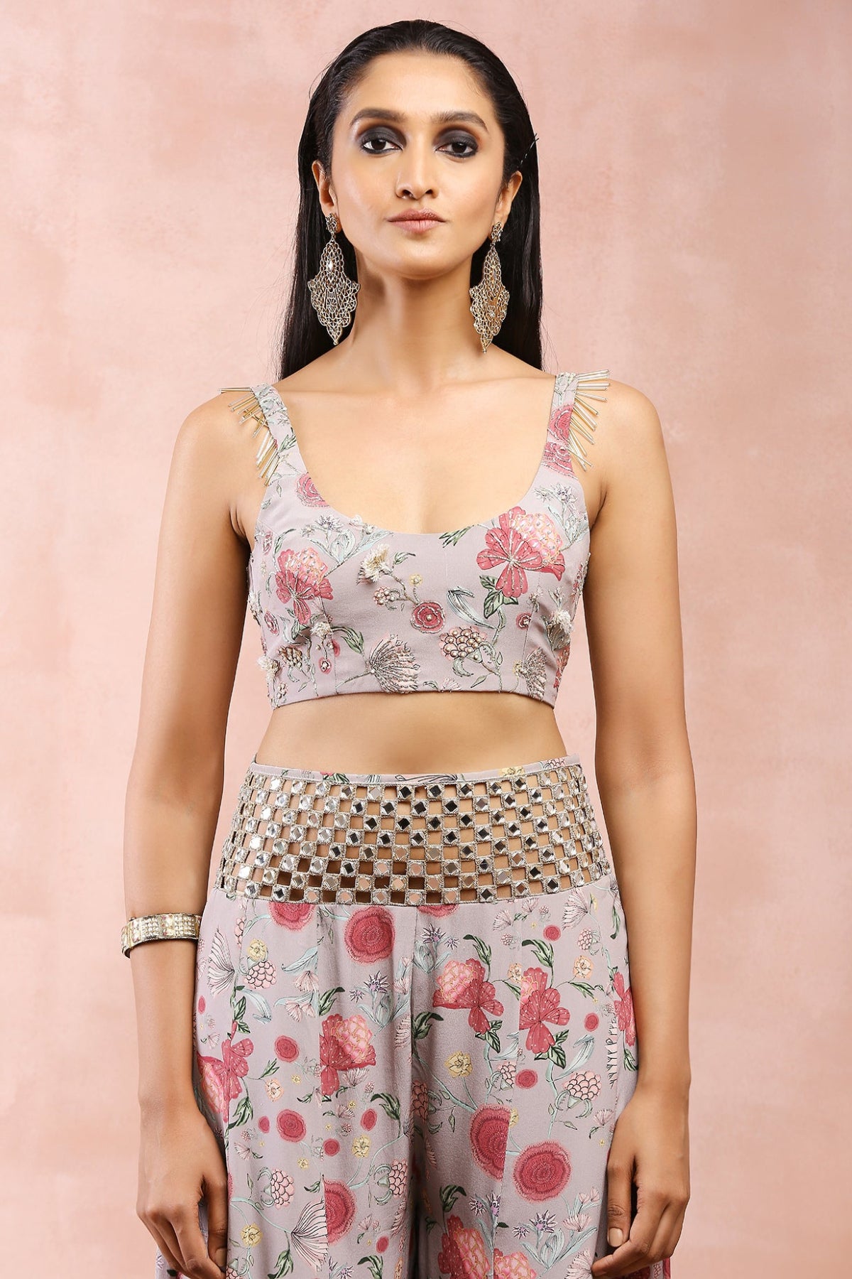 GREY GULBAGH PRINT EMBROIDERED CHOLI WITH SHARARA AND DUPATTA