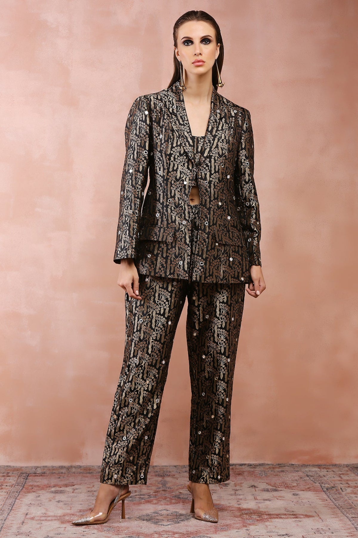 BLACK EMBROIDERED BLAZER WITH BUSTIER AND PANT