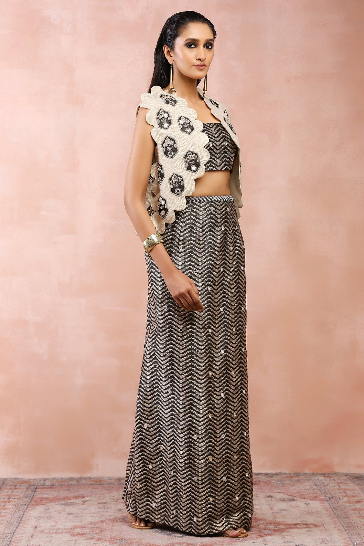 DULL GOLD EMBROIDERED JACKET WITH BLACK BROCADE BUSTIER AND SKIRT