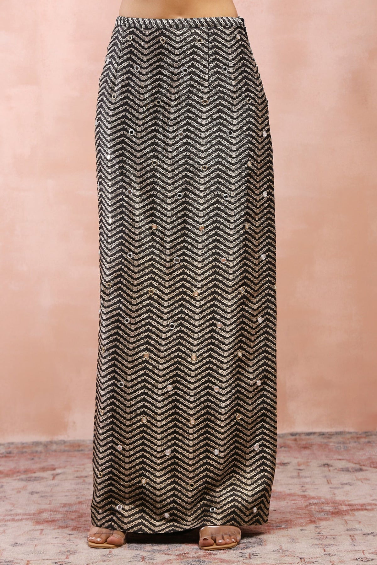 DULL GOLD EMBROIDERED JACKET WITH BLACK BROCADE BUSTIER AND SKIRT