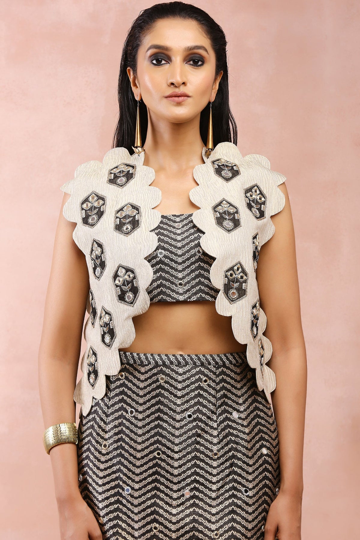 DULL GOLD EMBROIDERED JACKET WITH BLACK BROCADE BUSTIER AND SKIRT