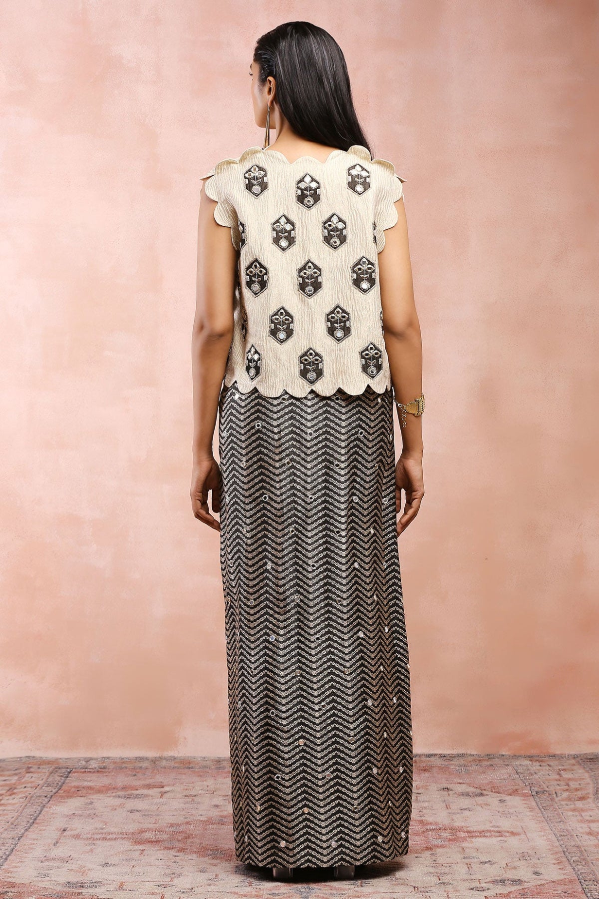DULL GOLD EMBROIDERED JACKET WITH BLACK BROCADE BUSTIER AND SKIRT