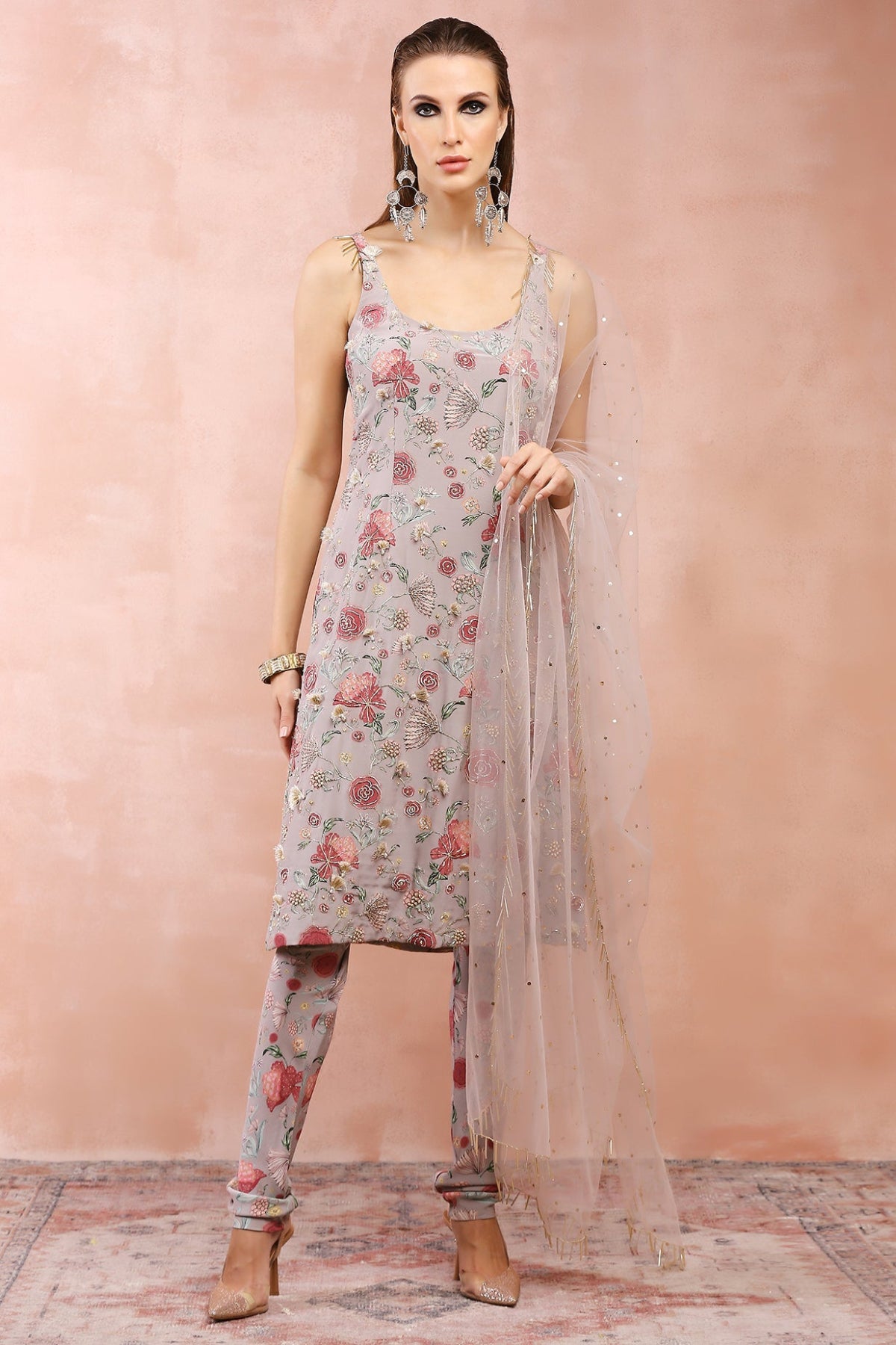 GREY GULBAGH PRINT EMBROIDERED KURTA AND CHURIDAR WITH DUPATTA
