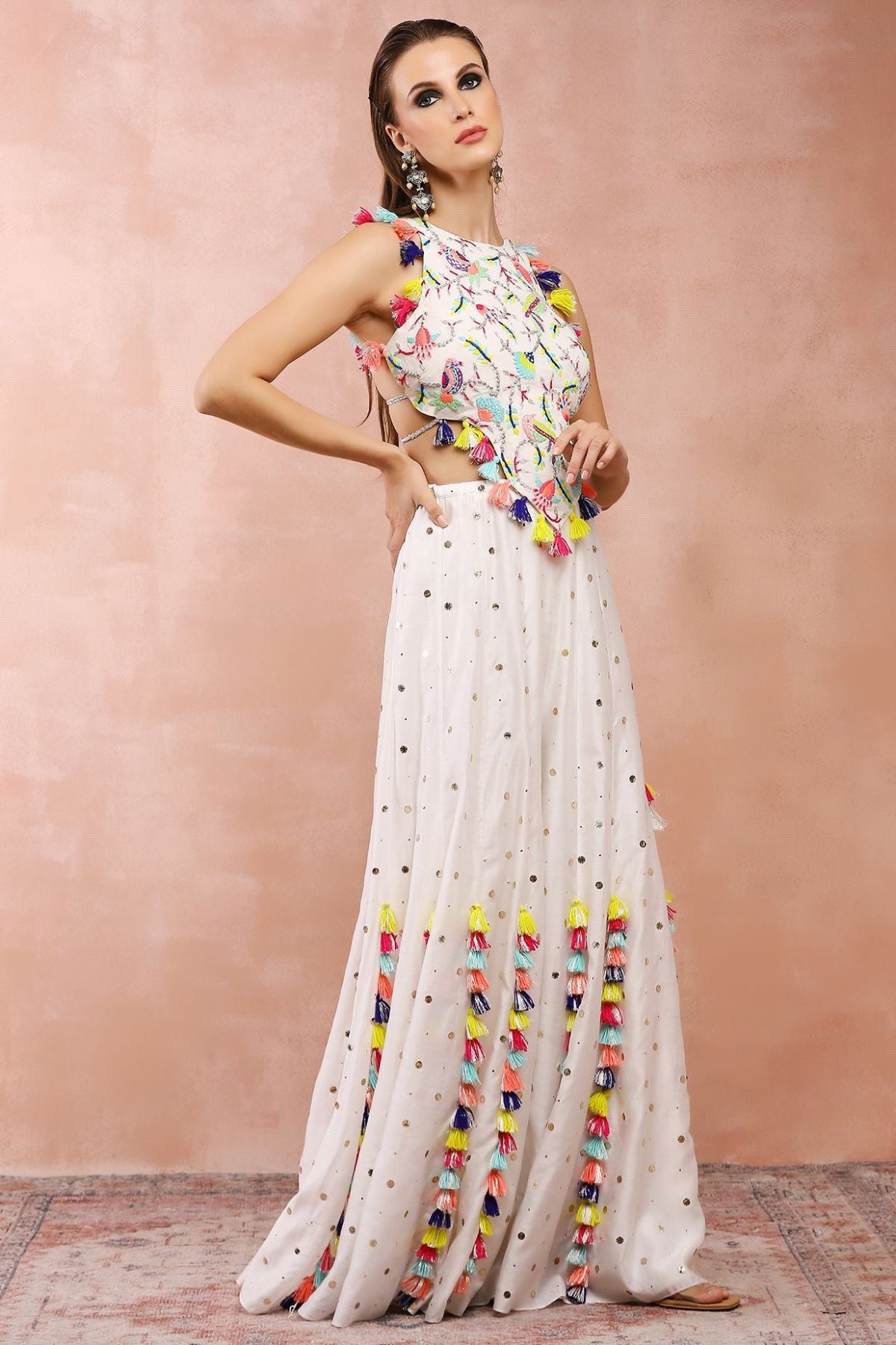 OFF WHITE EMBROIDERED CHOLI WITH SHARARA