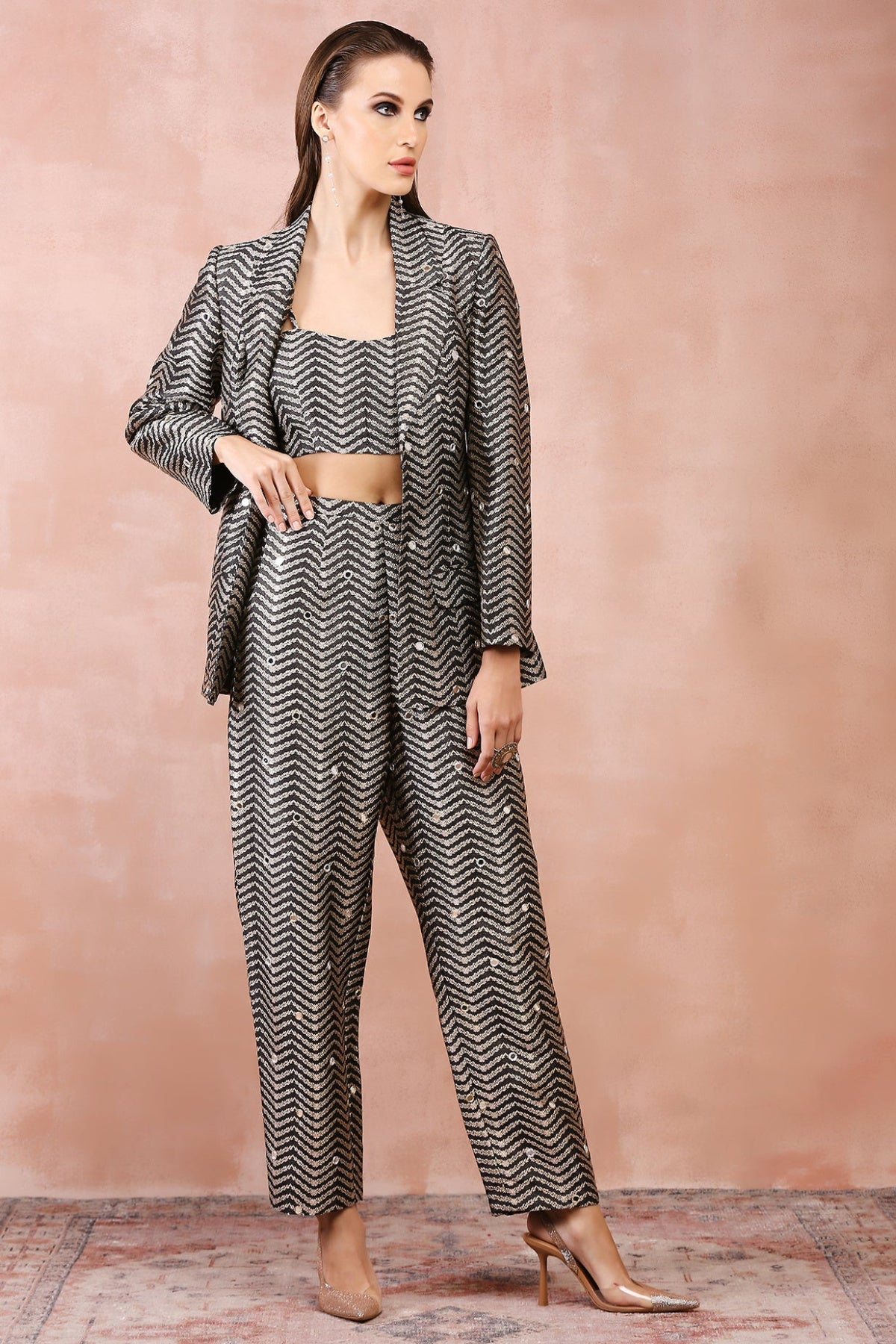 BLACK EMBROIDERED BLAZER WITH BUSTIER AND PANT