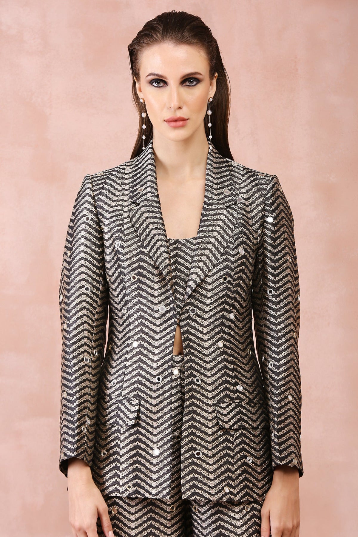 BLACK EMBROIDERED BLAZER WITH BUSTIER AND PANT