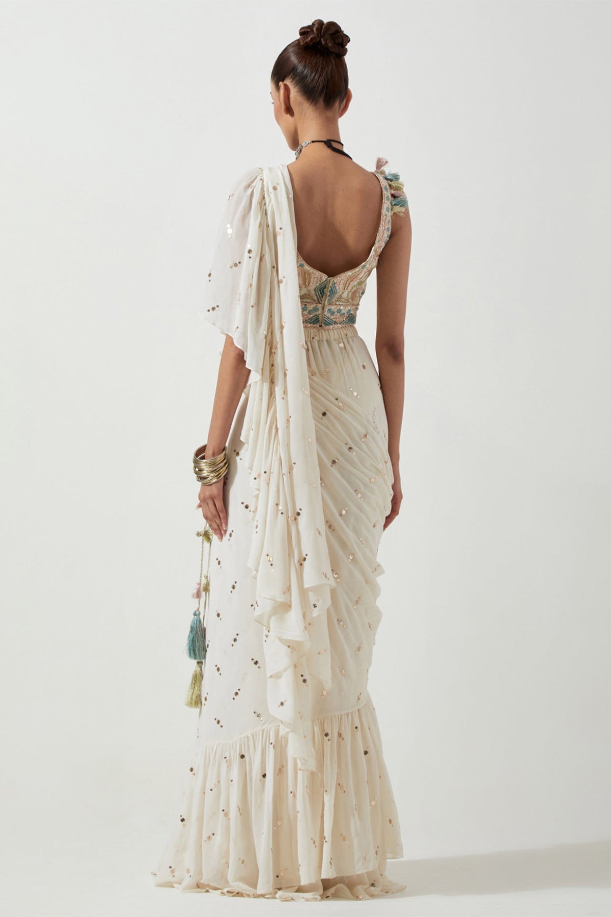 OFF WHITE EMBROIDERED CHOLI WITH FRILL SAREE
