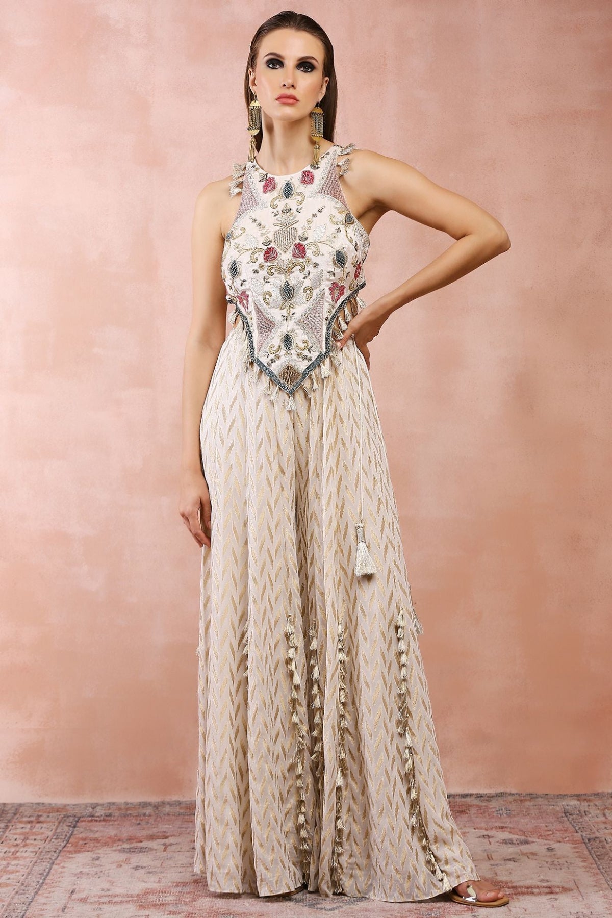 OFF WHITE APPLIQUE EMBROIDERED CHOLI WITH SHARARA
