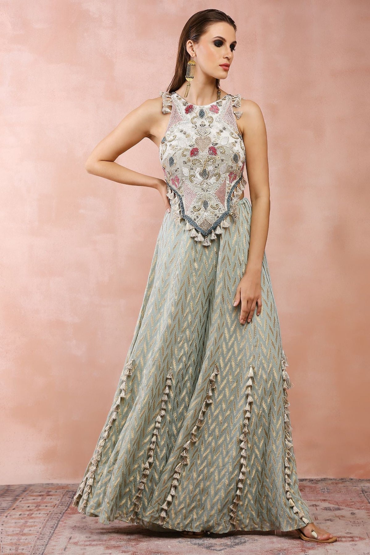 POWDER BLUE APPLIQUE EMBROIDERED CHOLI WITH SHARARA