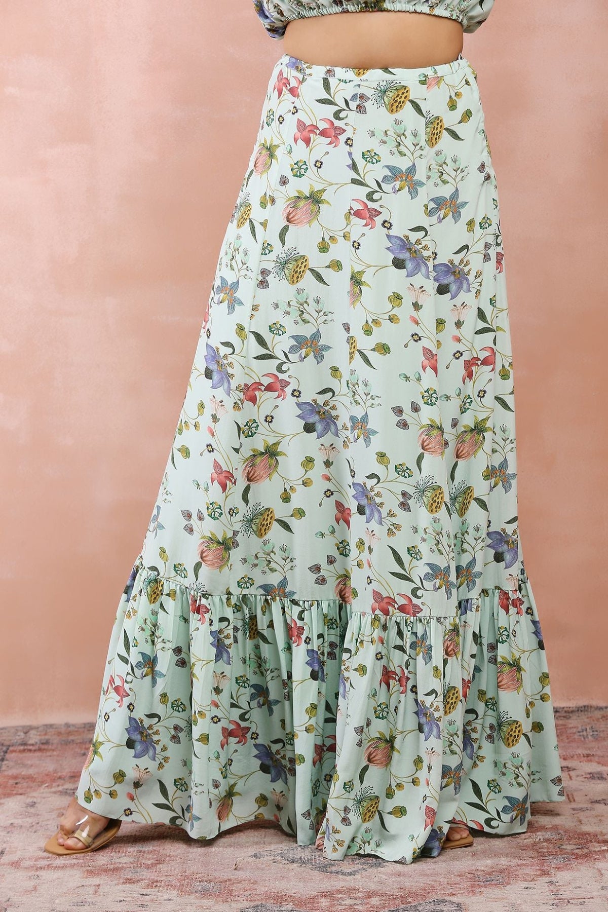 MINT NARGIS PRINT EMBROIDERED BALLOON TOP WITH FRILL SKIRT