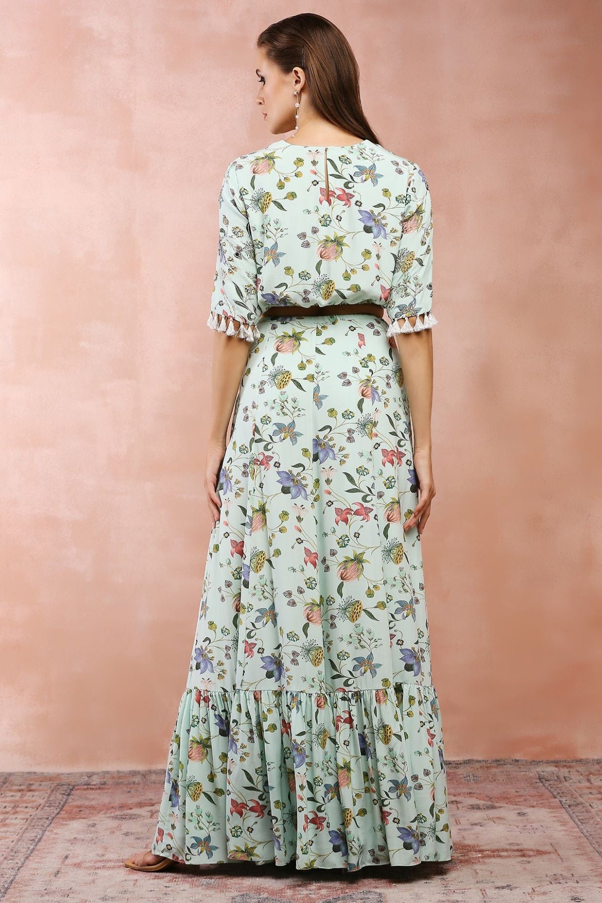 MINT NARGIS PRINT EMBROIDERED BALLOON TOP WITH FRILL SKIRT