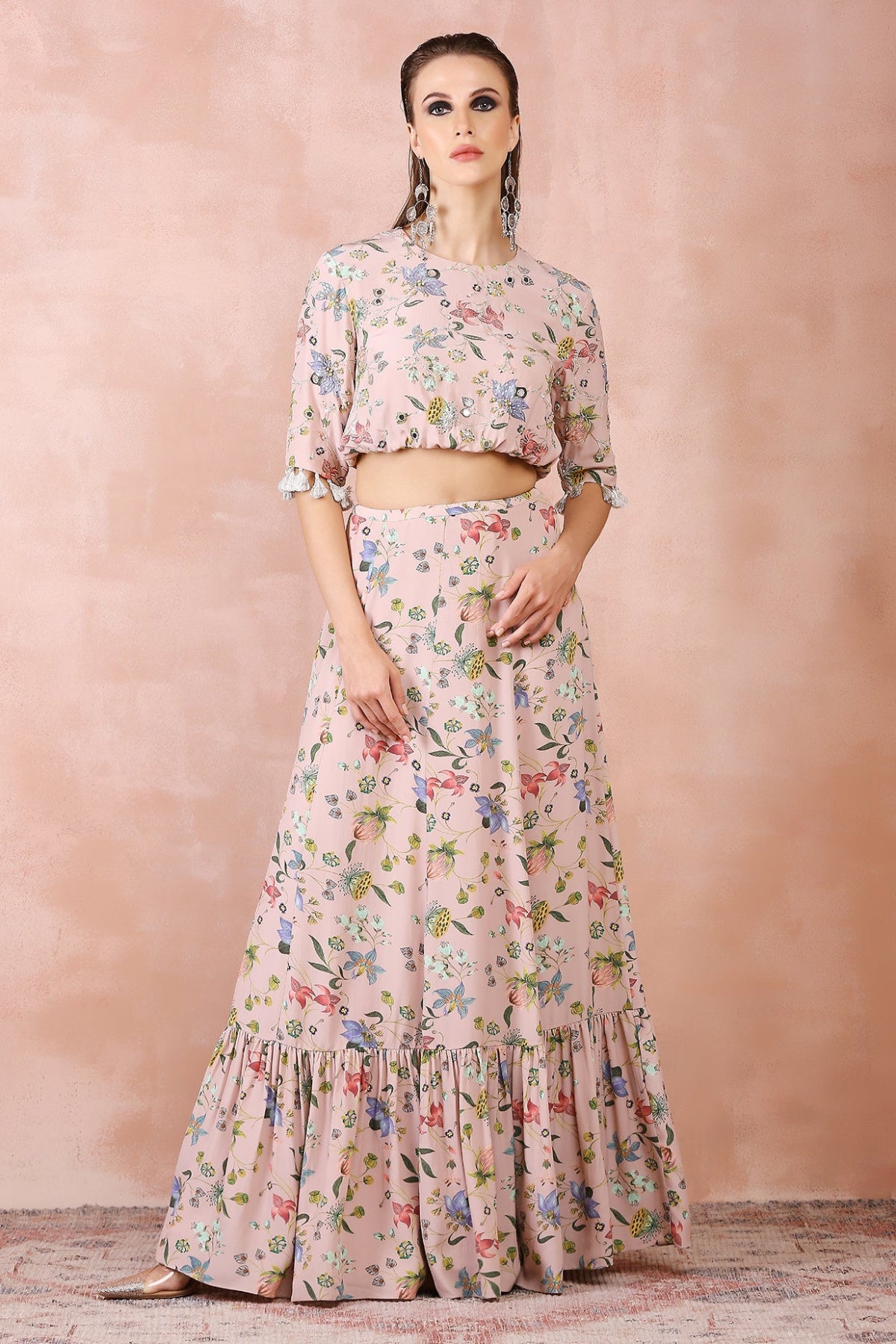 ROSE PINK NARGIS PRINT EMBROIDERED BALLOON TOP WITH FRILL SKIRT