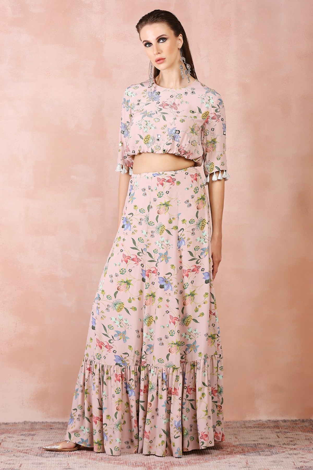 ROSE PINK NARGIS PRINT EMBROIDERED BALLOON TOP WITH FRILL SKIRT