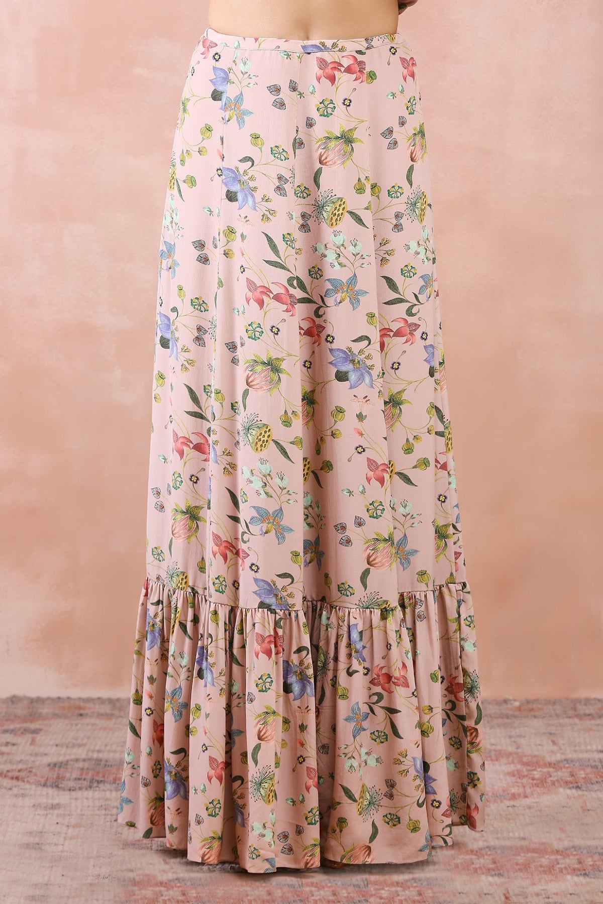 ROSE PINK NARGIS PRINT EMBROIDERED BALLOON TOP WITH FRILL SKIRT