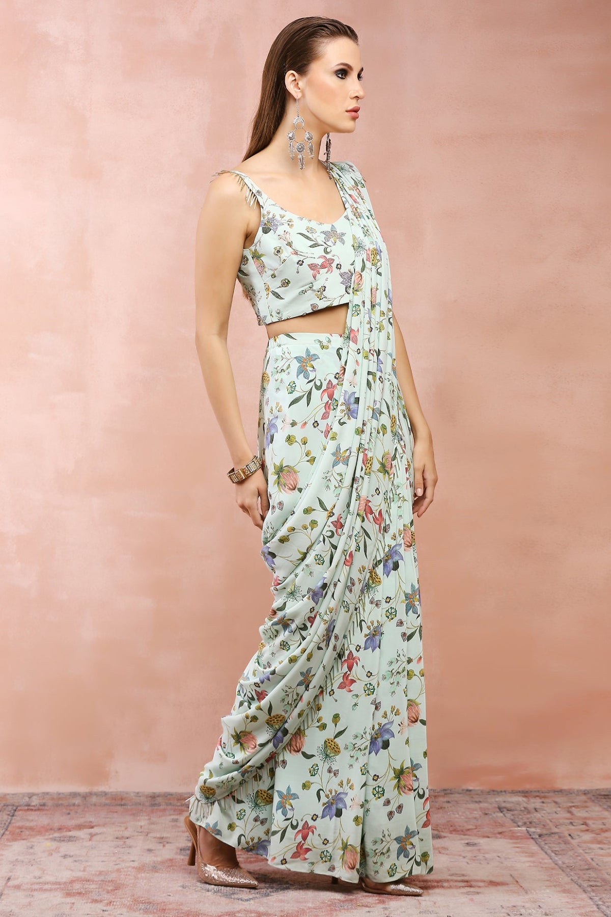 MINT NARGIS PRINT EMBROIDERED CHOLI WITH PRE-STITCHED SAREE