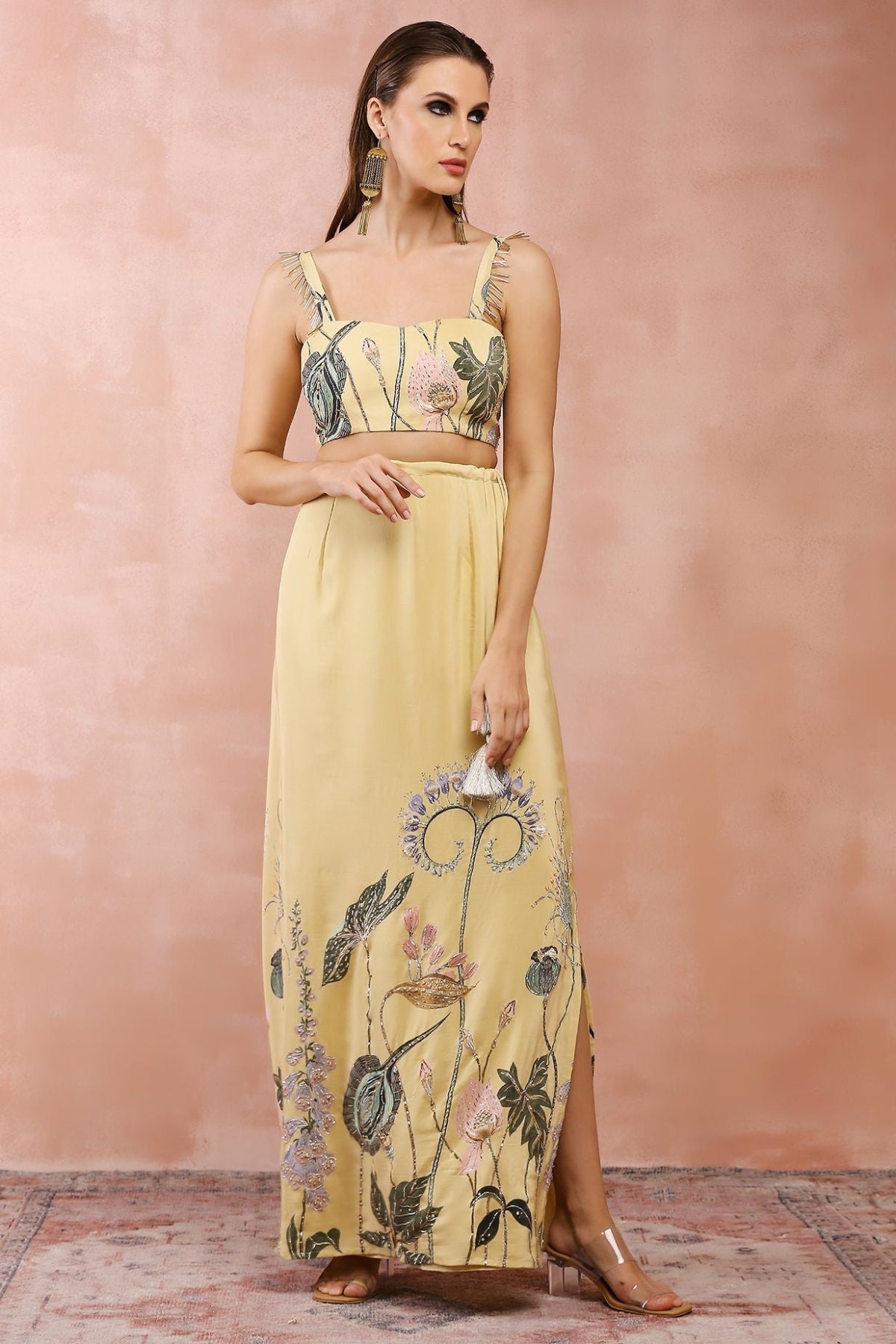 YELLOW NILOUFAR PRINT EMBROIDERED CHOLI WITH SKIRT