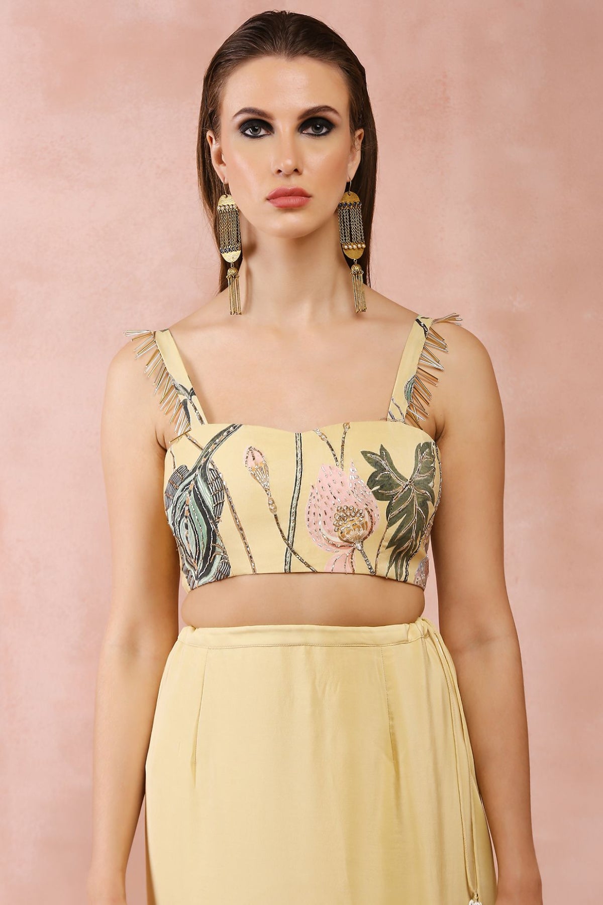 YELLOW NILOUFAR PRINT EMBROIDERED CHOLI WITH SKIRT