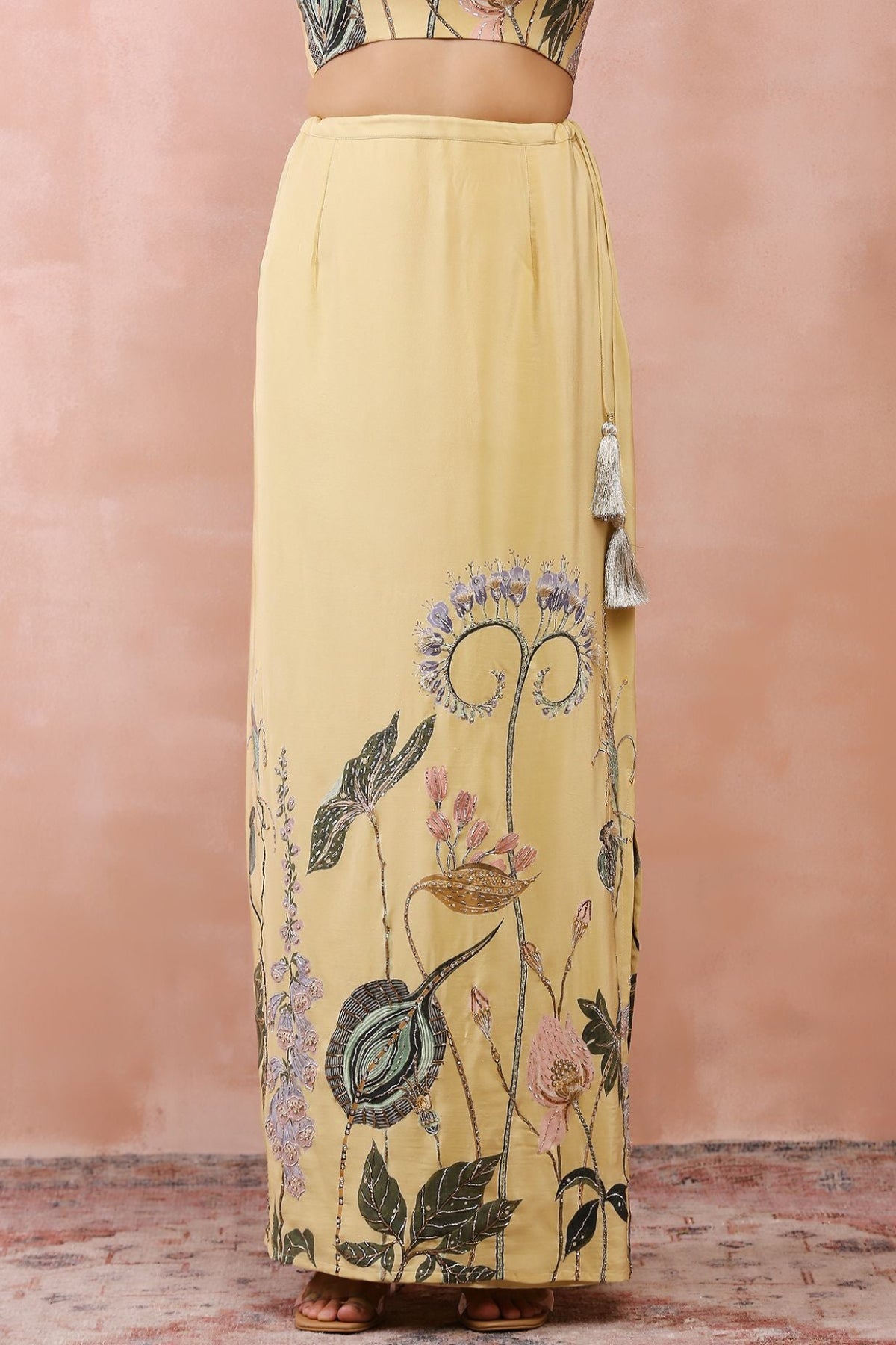 YELLOW NILOUFAR PRINT EMBROIDERED CHOLI WITH SKIRT