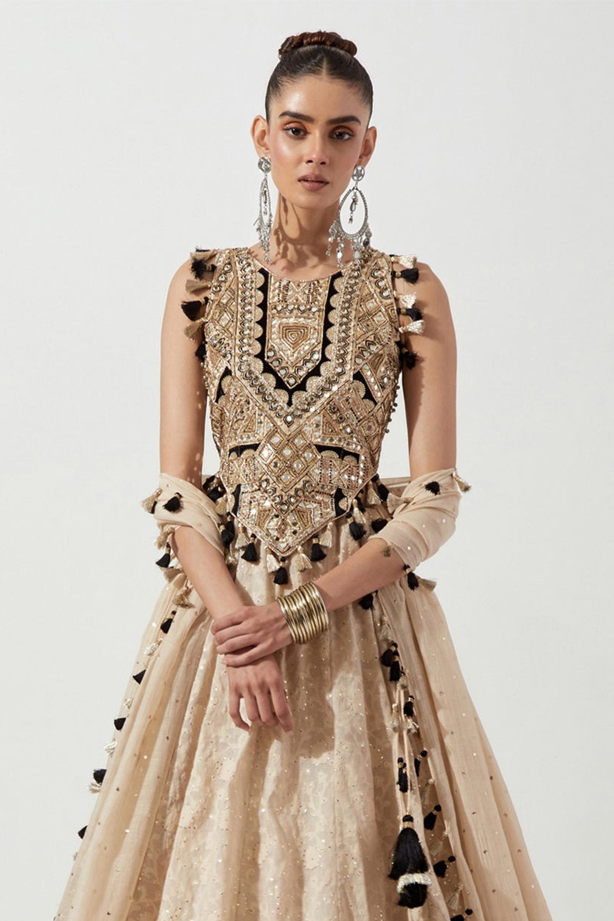 STONE EMBROIDERED CHOLI AND LEHENGA WITH MUKAISH MUL DUPATTA