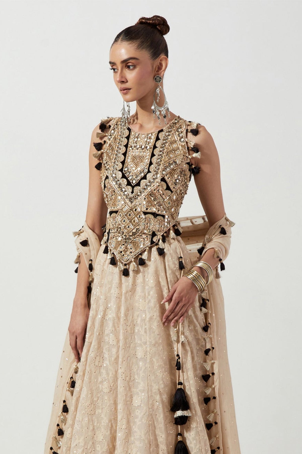 STONE EMBROIDERED CHOLI AND LEHENGA WITH MUKAISH MUL DUPATTA