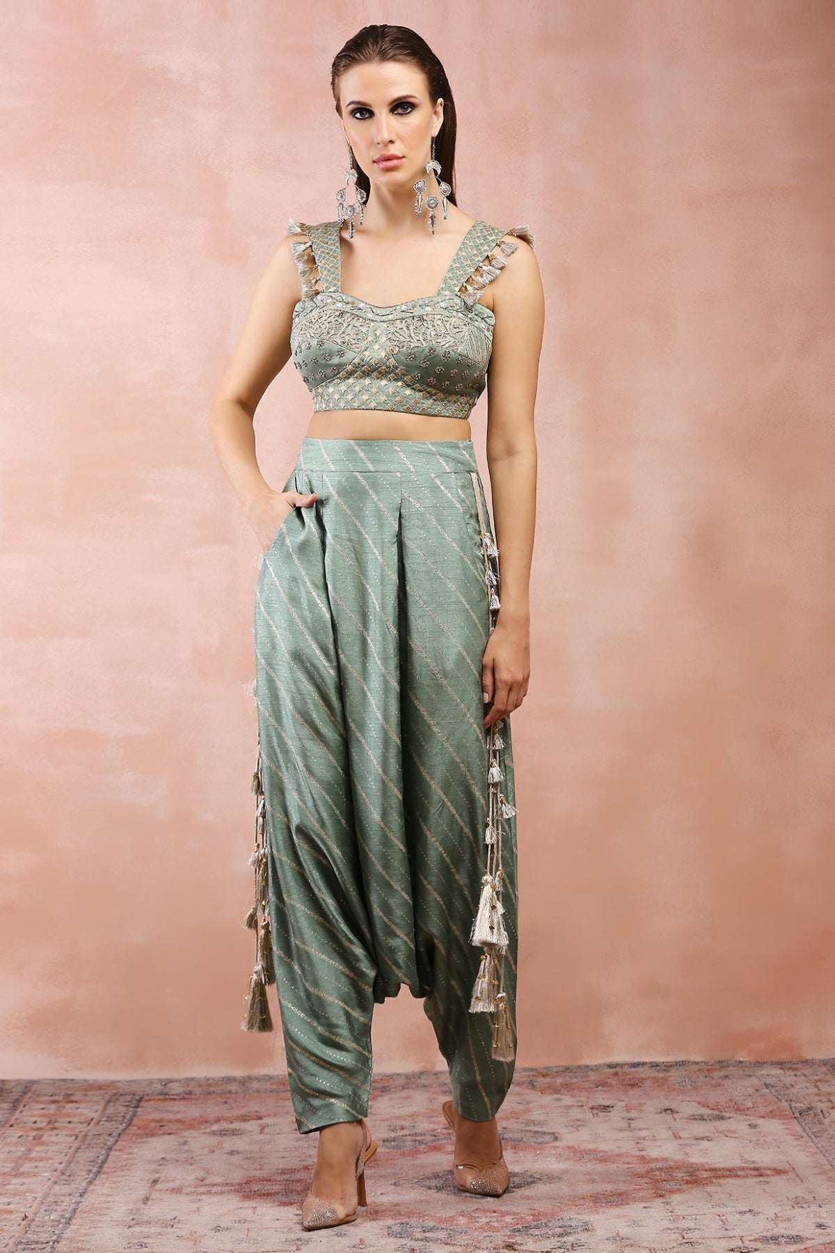 SAGE GREEN EMBROIDERED CORSET TOP WITH LOWCROTCH PANT