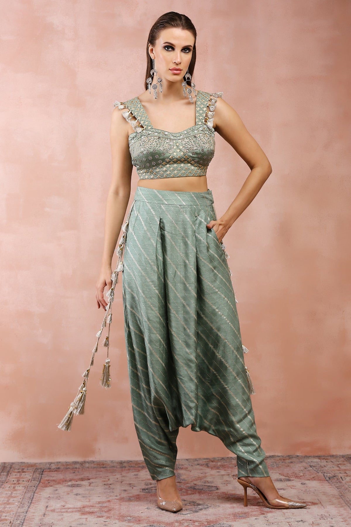 SAGE GREEN EMBROIDERED CORSET TOP WITH LOWCROTCH PANT