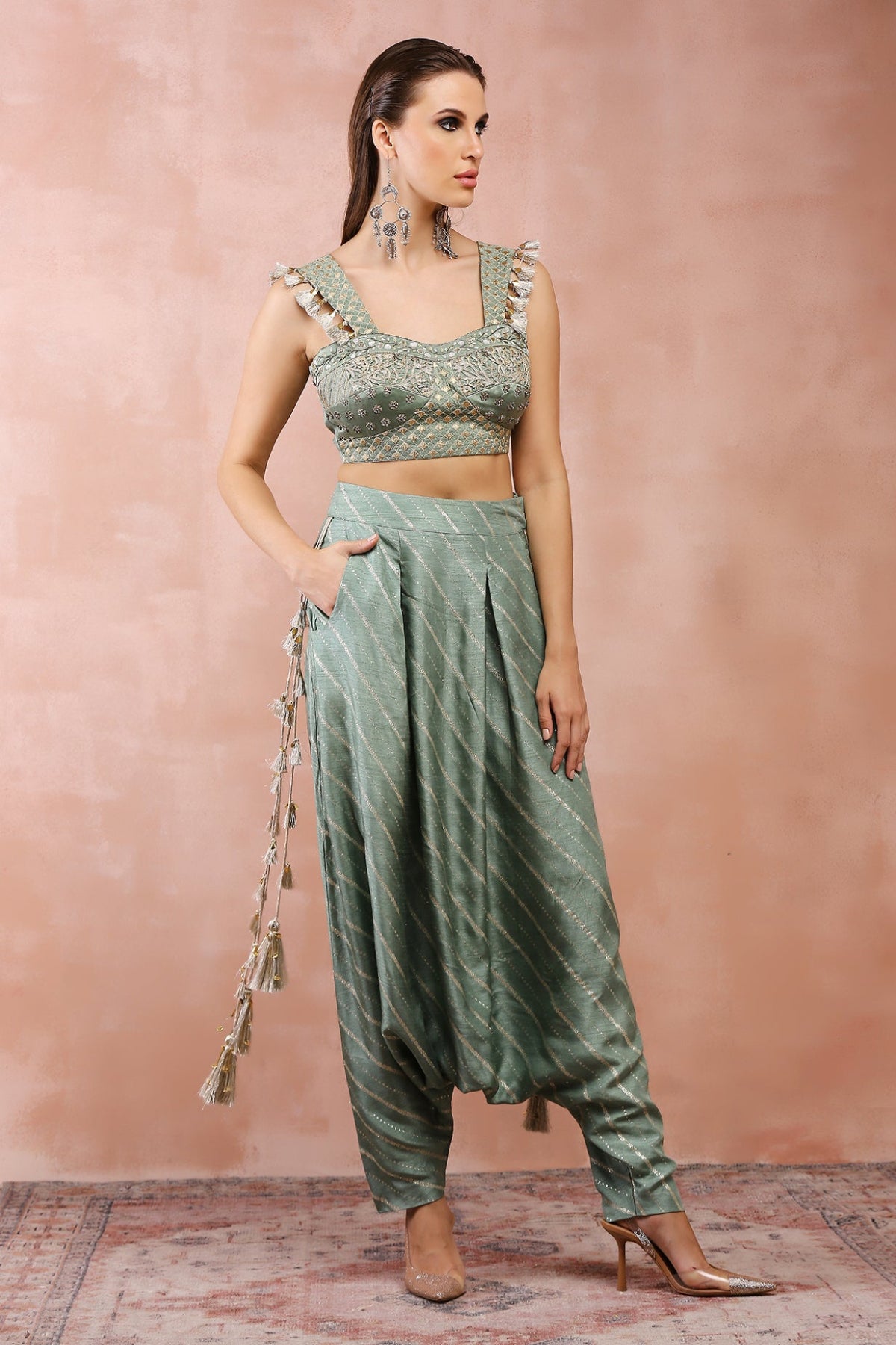 SAGE GREEN EMBROIDERED CORSET TOP WITH LOWCROTCH PANT