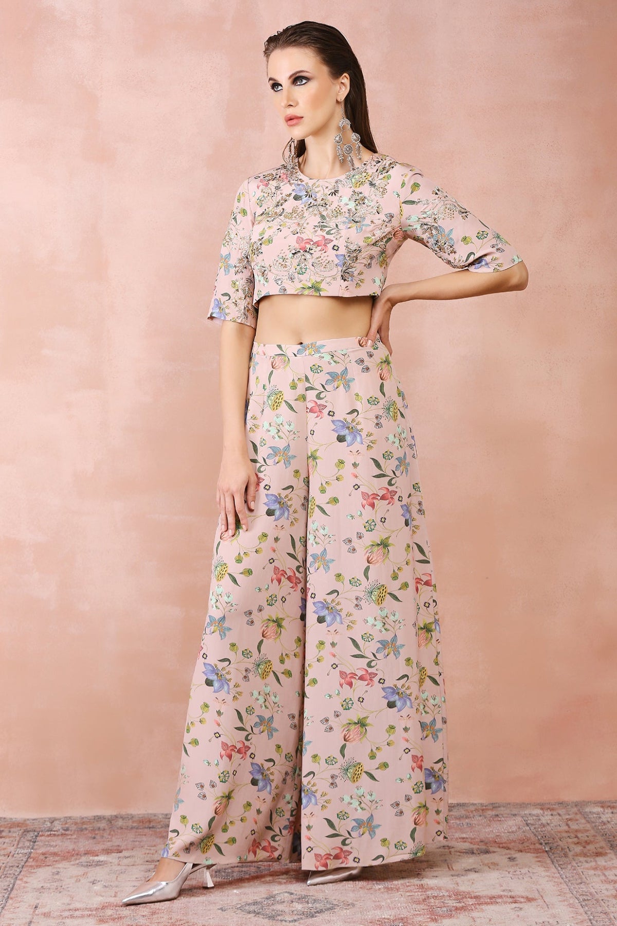 ROSE PINK NARGIS PRINT EMBROIDERED TOP WITH PALAZZO