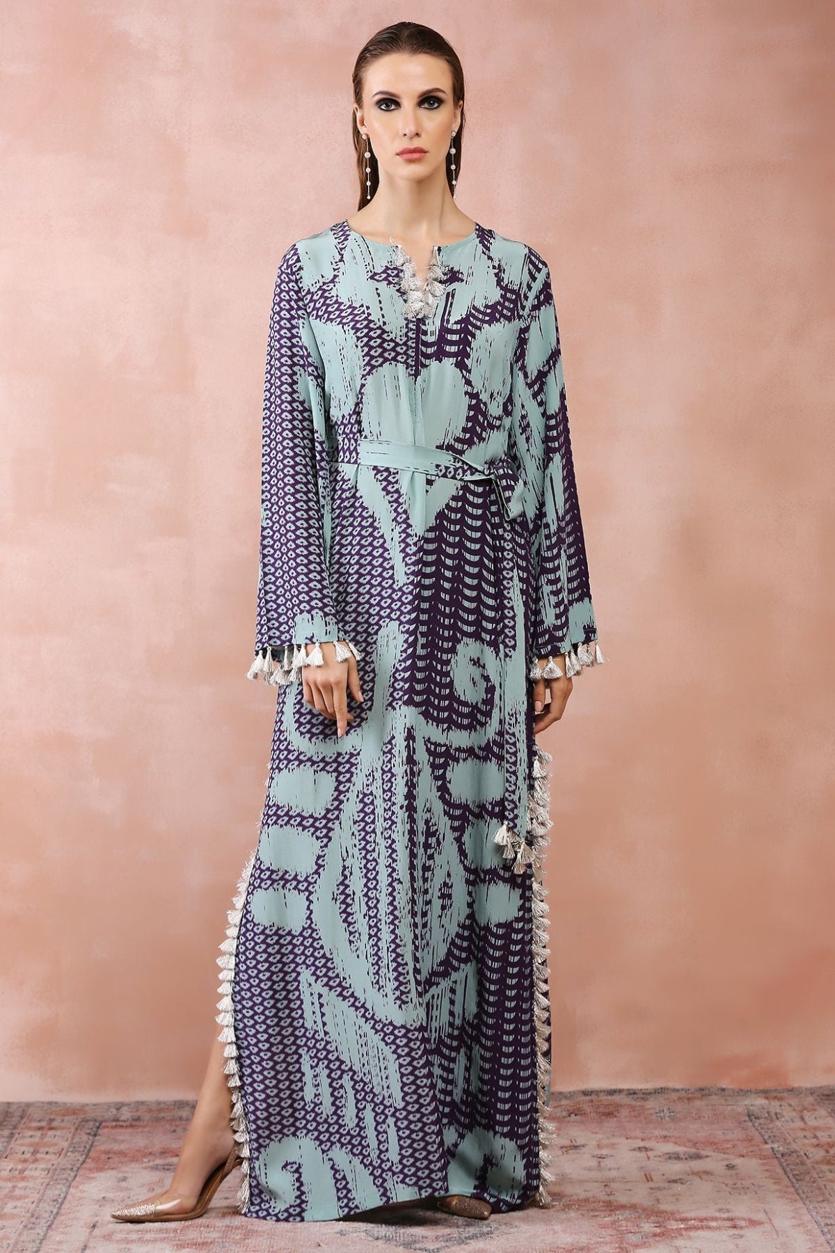 AQUA & PURPLE UZBEK PRINT KAFTAN WITH BELT