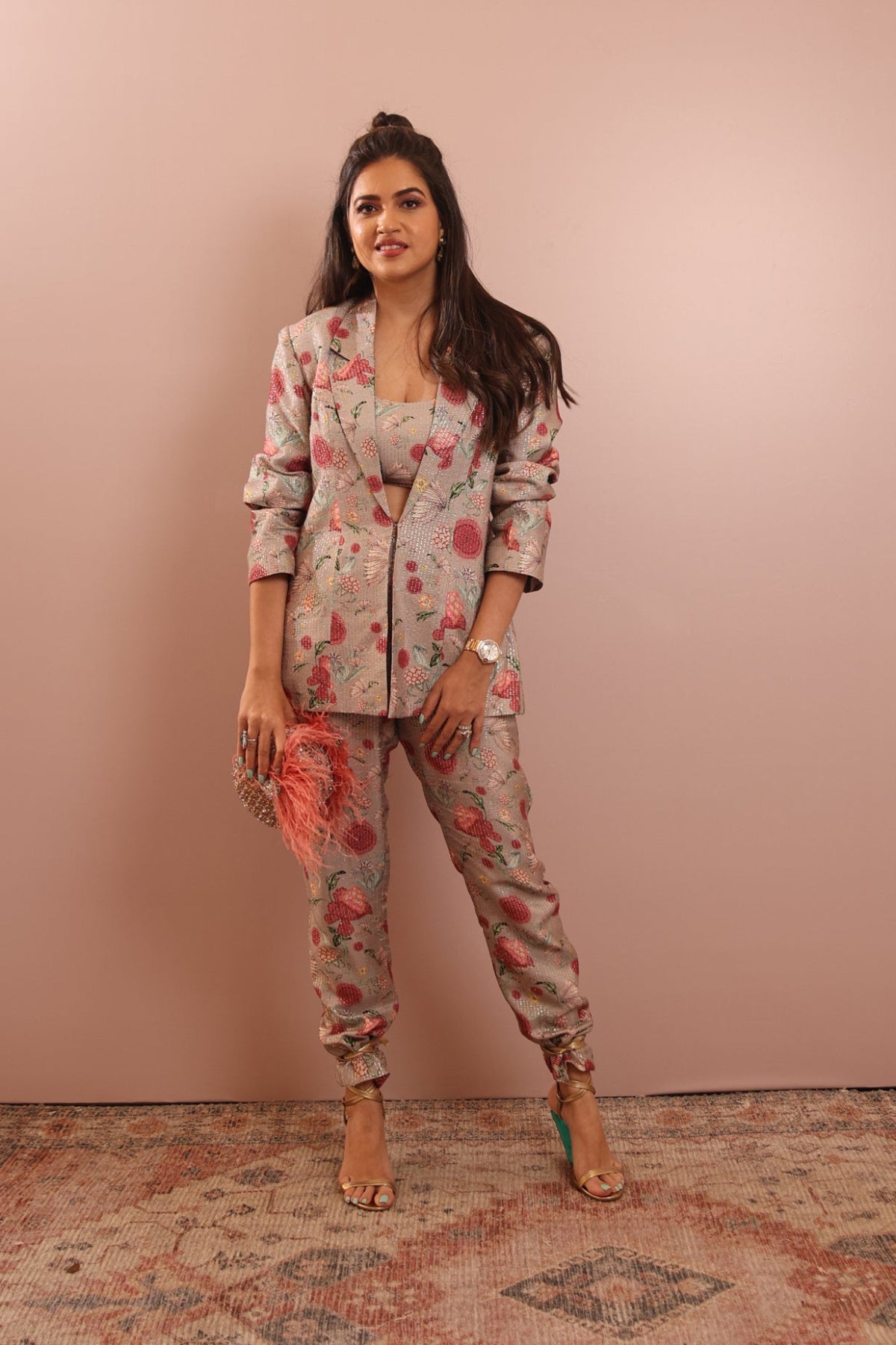 Shamita Shetty in GREY GULBAGH PRINT BLAZER WITH BUSTIER AND PANT