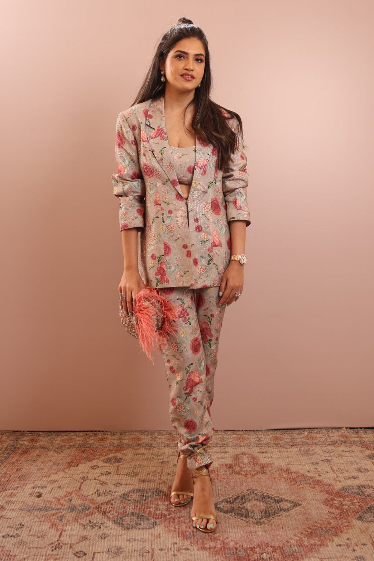 Shamita Shetty in GREY GULBAGH PRINT BLAZER WITH BUSTIER AND PANT