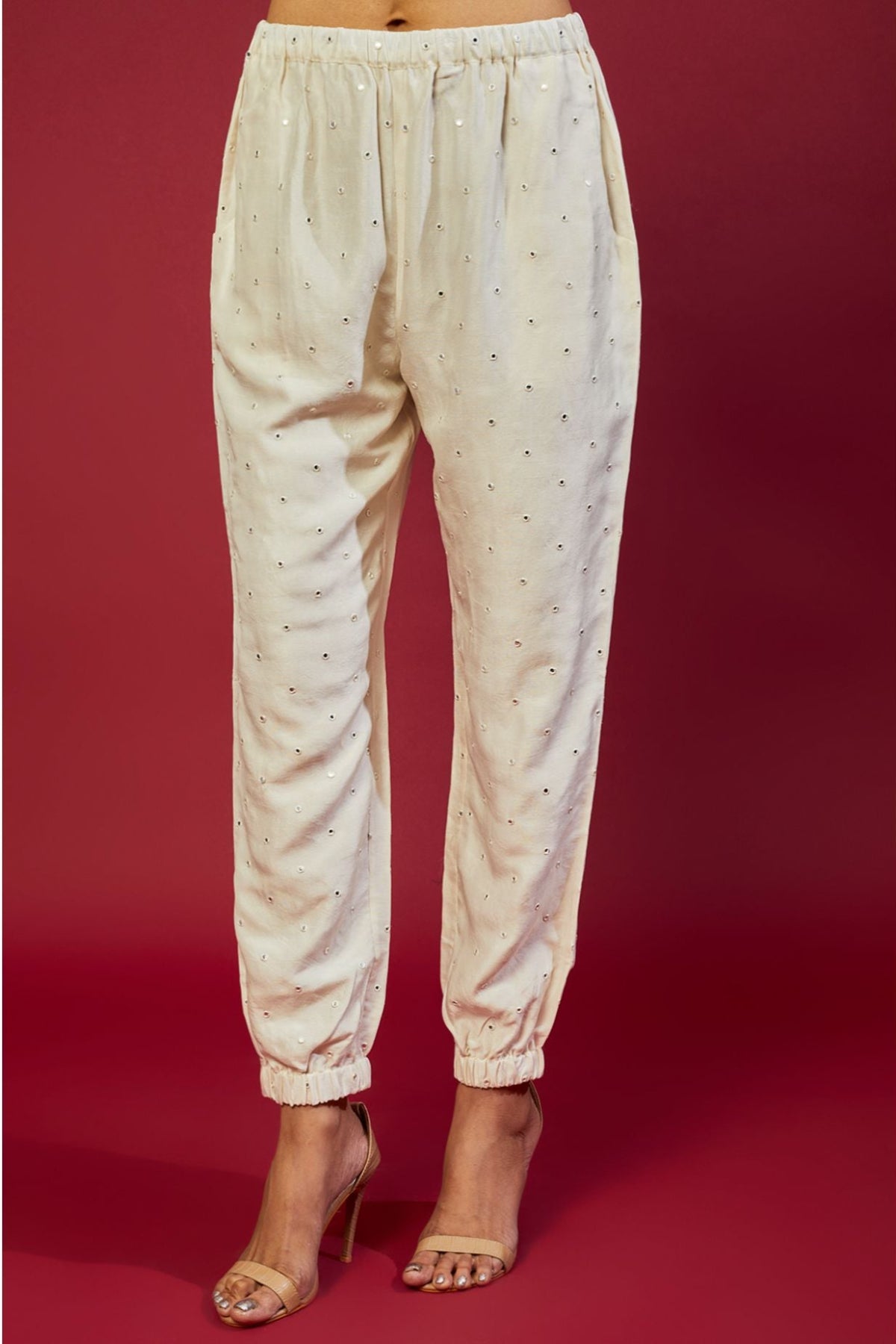 OFFWHITE GEORGETTE EMBROIDERED BLAZER WITH ABLA SILK BUSTIER AND JOGGER PANT