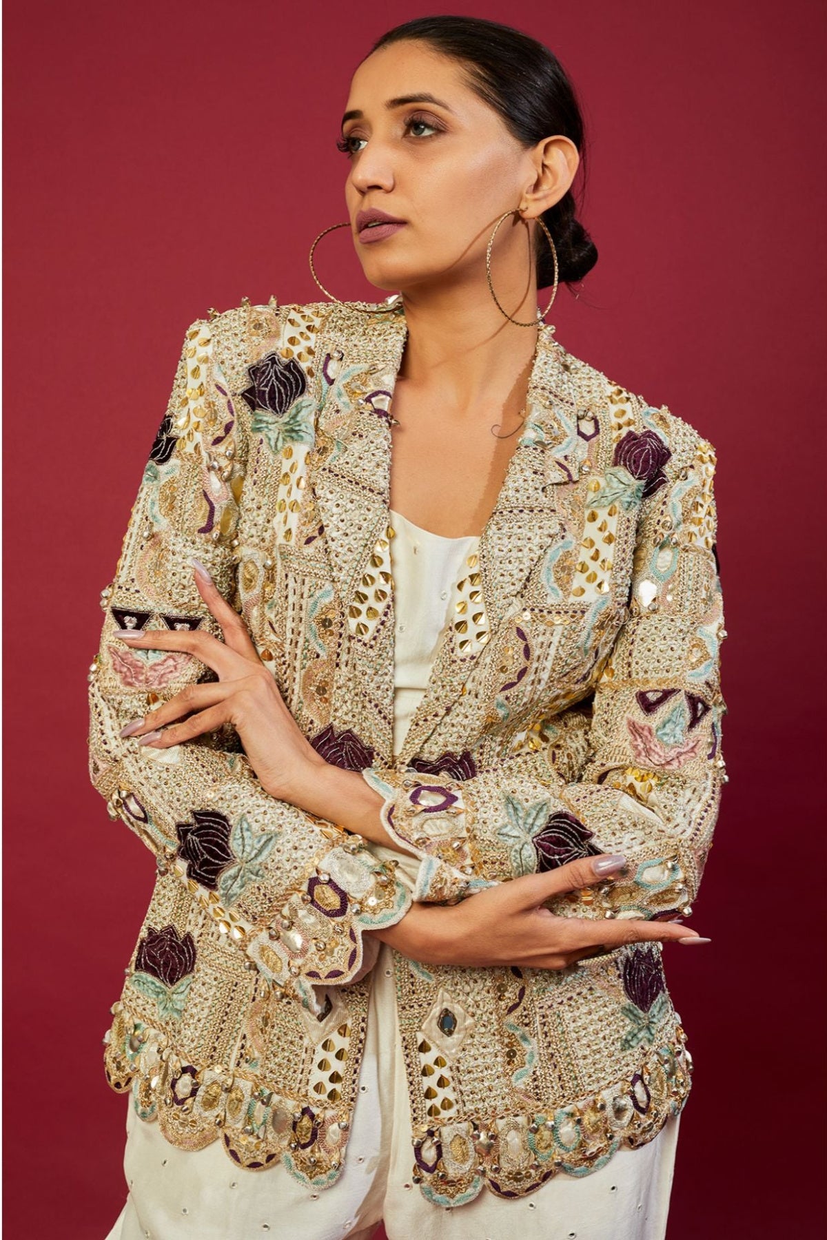 OFFWHITE GEORGETTE EMBROIDERED BLAZER WITH ABLA SILK BUSTIER AND JOGGER PANT