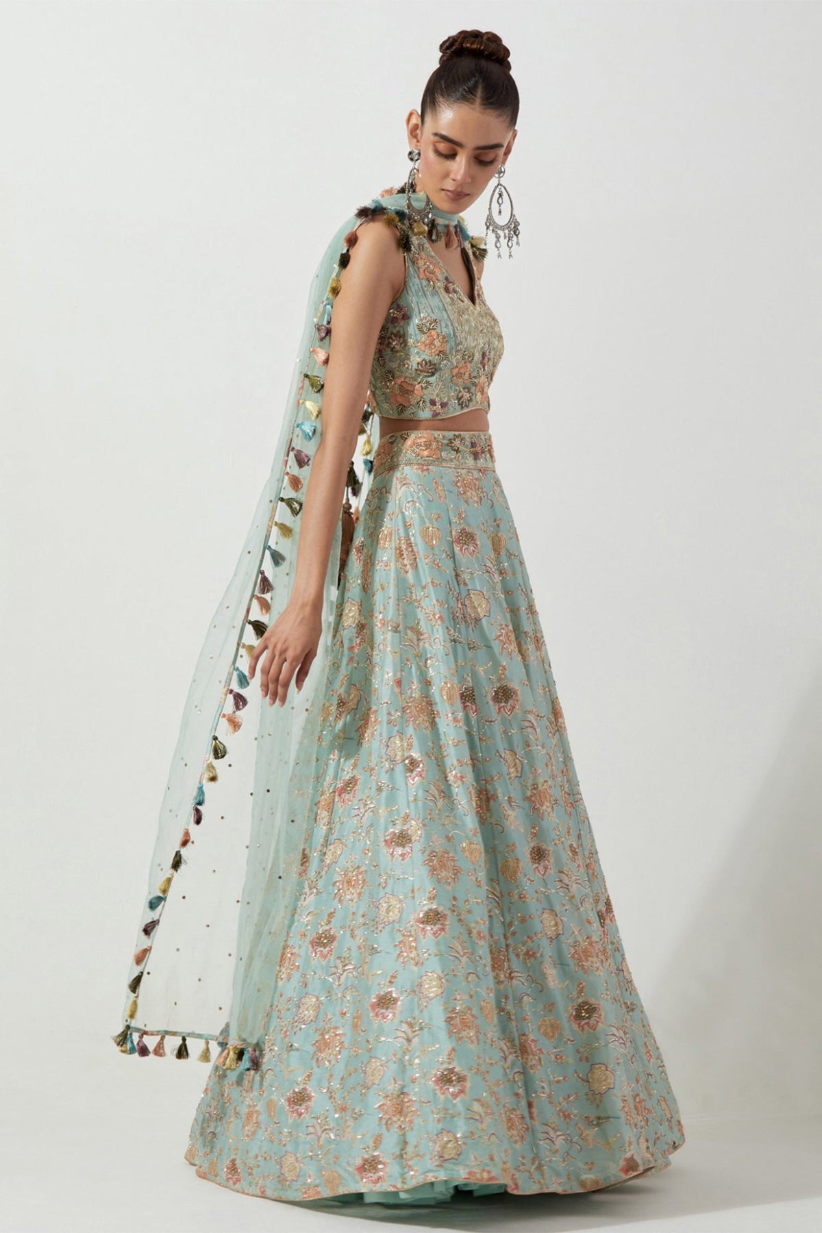 POWDER BLUE PRINTED CHOLI AND LEHENGA WITH MUKAISH NET DUPATTA