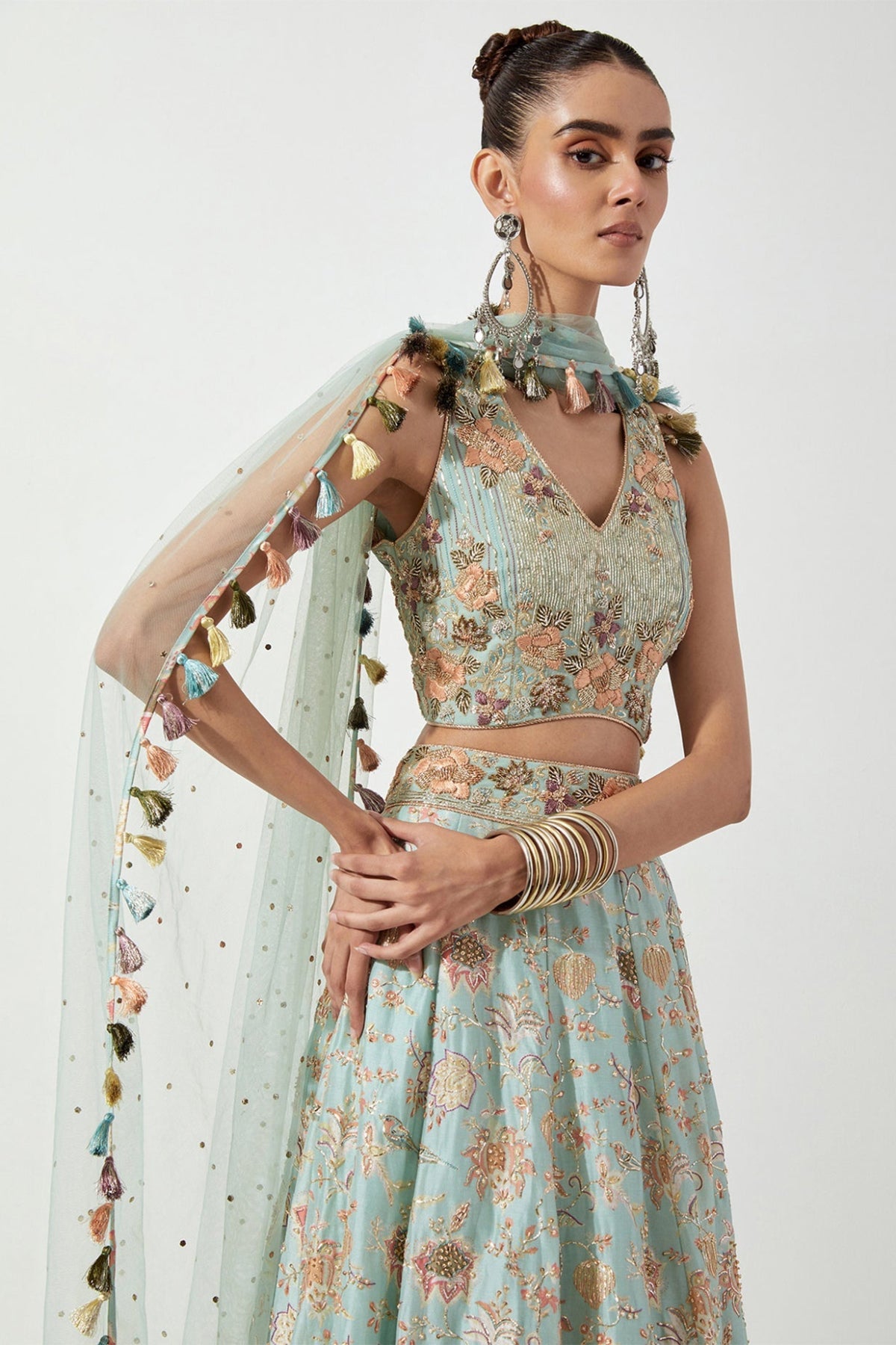POWDER BLUE PRINTED CHOLI AND LEHENGA WITH MUKAISH NET DUPATTA