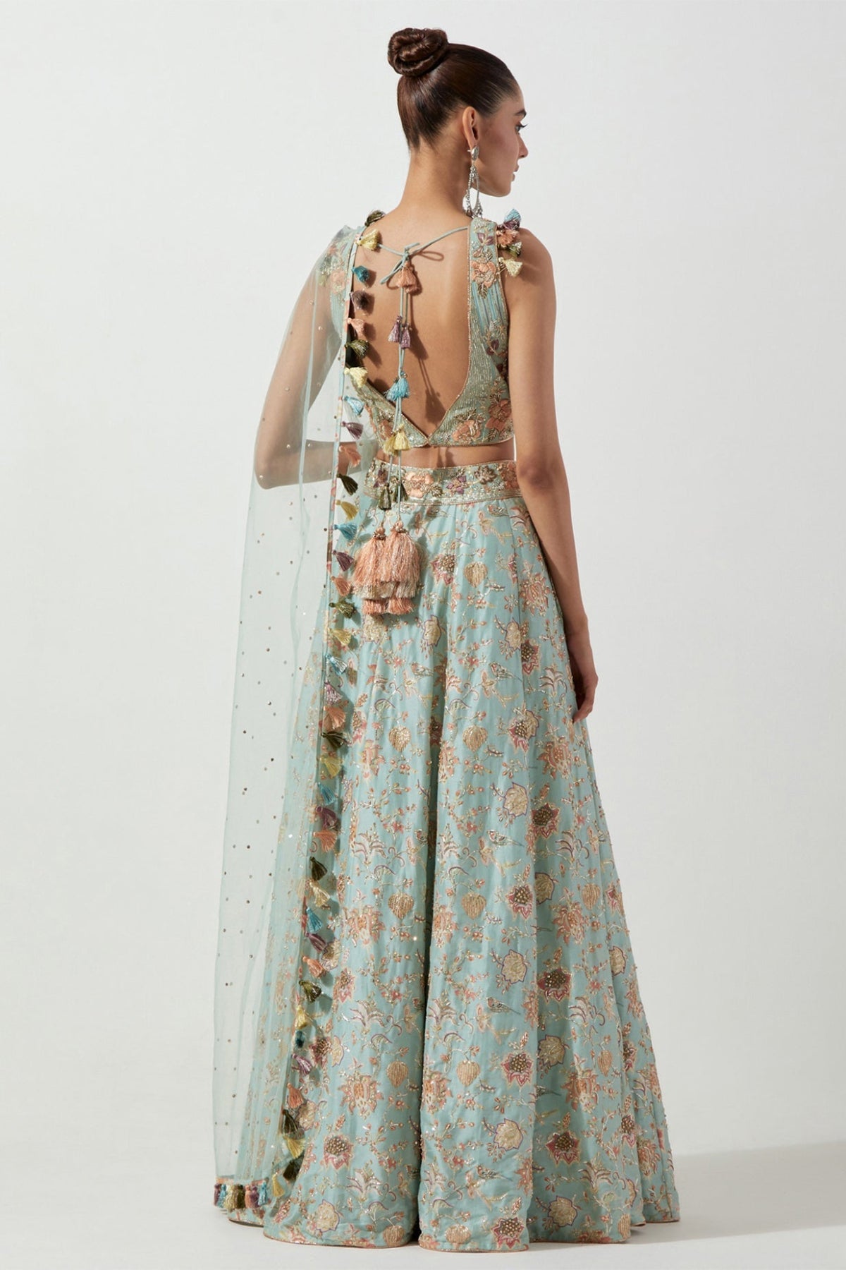 POWDER BLUE PRINTED CHOLI AND LEHENGA WITH MUKAISH NET DUPATTA
