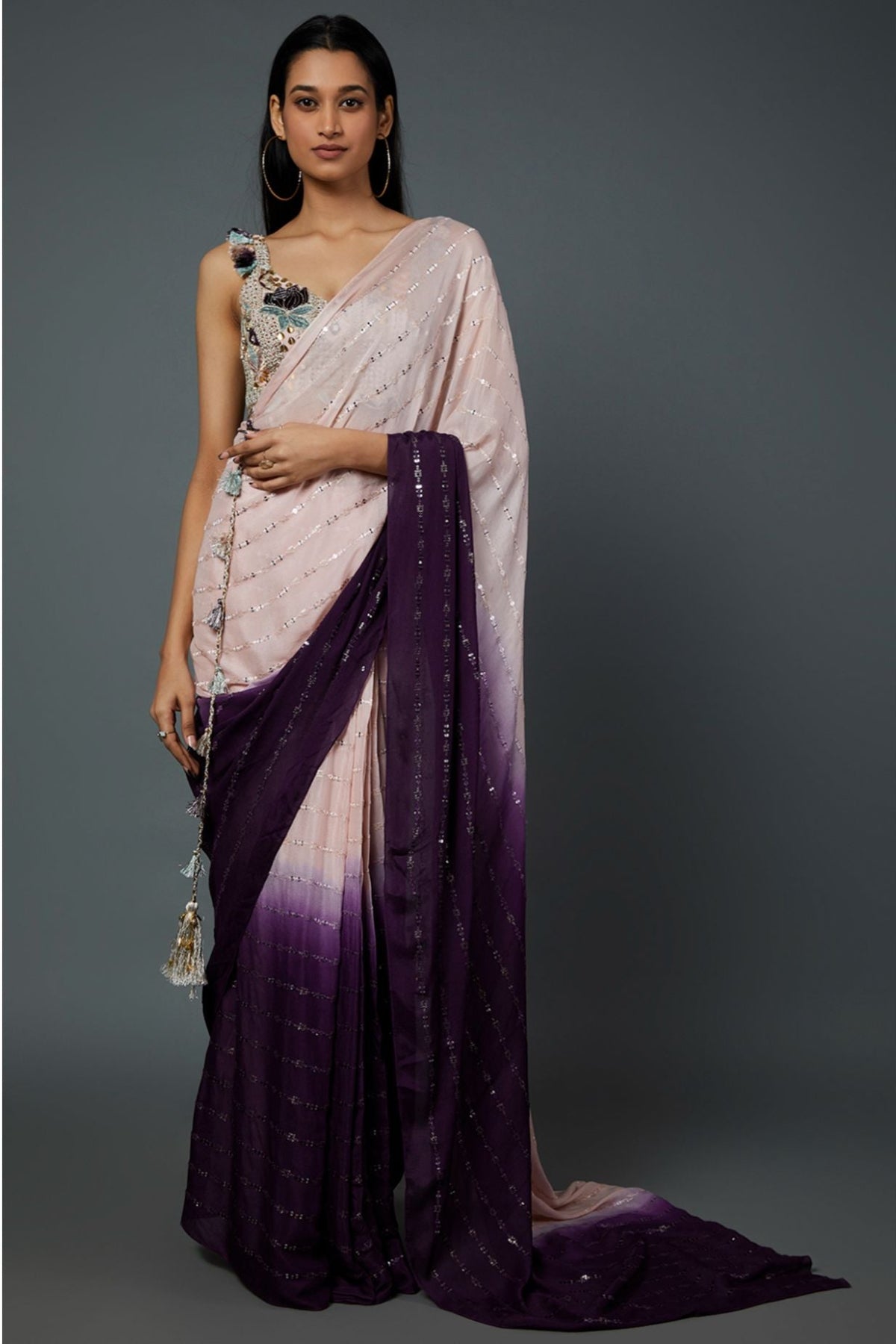 BLUSH PINK GEORGETTE EMBROIDERED CHOLI WITH BLUSH PINK AND PURPLE SHADED SEQUINS GEORGETTE PRE-STICHED SAREE